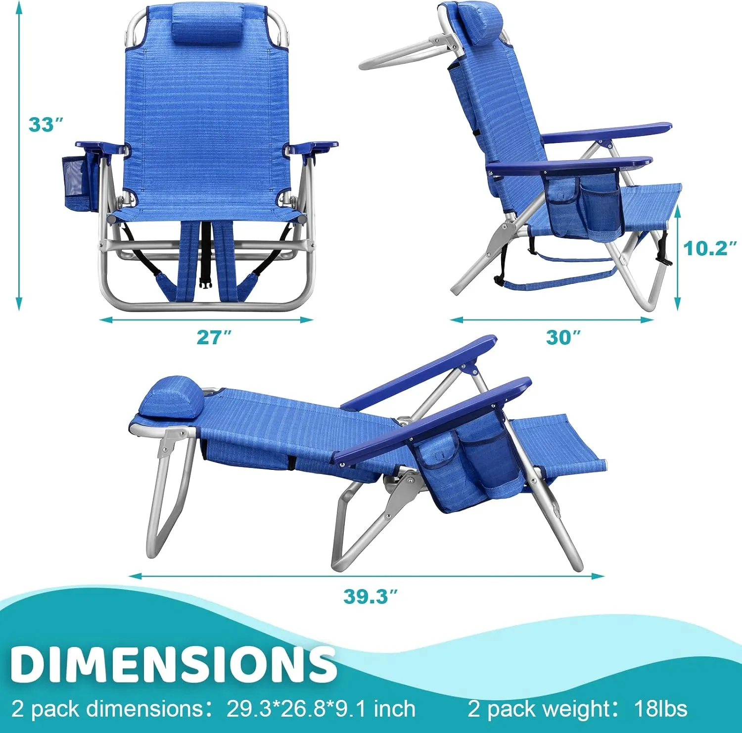 LEMBERI Backpack Beach Chairs for Adults,1/2 Pack Folding Heavy Duty Camping Chair with Large Pockets and Cup Holder,Adjustable high Beach Lounge Chairs with Towel Rack for Outdoor,Travel (2, Navy)