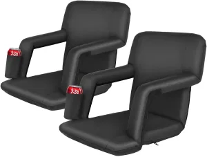 LEMY 5 Reclining Positions Adjustable Stadium Seat for Bleachers Portable Water Resistant Stadium Chair with Back/Arms/Cushion for Outdoor or Indoor(2 PCS, Black)