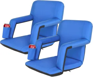 LEMY 5 Reclining Positions Adjustable Stadium Seat for Bleachers Portable Water Resistant Stadium Chair with Back/Arms/Cushion for Outdoor or Indoor(2 PCS, Blue)