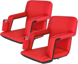 LEMY 5 Reclining Positions Adjustable Stadium Seat for Bleachers Portable Water Resistant Stadium Chair with Back/Arms/Cushion for Outdoor or Indoor(2 PCS, Red)