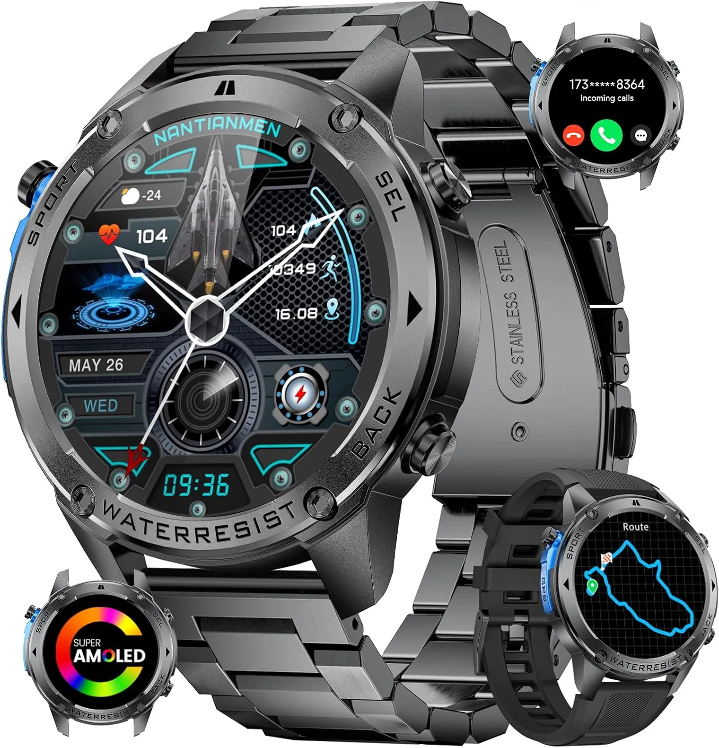 LIGE GPS Military Smart Watch for Men, Compass GPS Running Watch, 170  Sport Modes Fitness Tracker Watch, 1.43'' AMOLED Smart Watches, Rugged Smart Watch for Android iOS