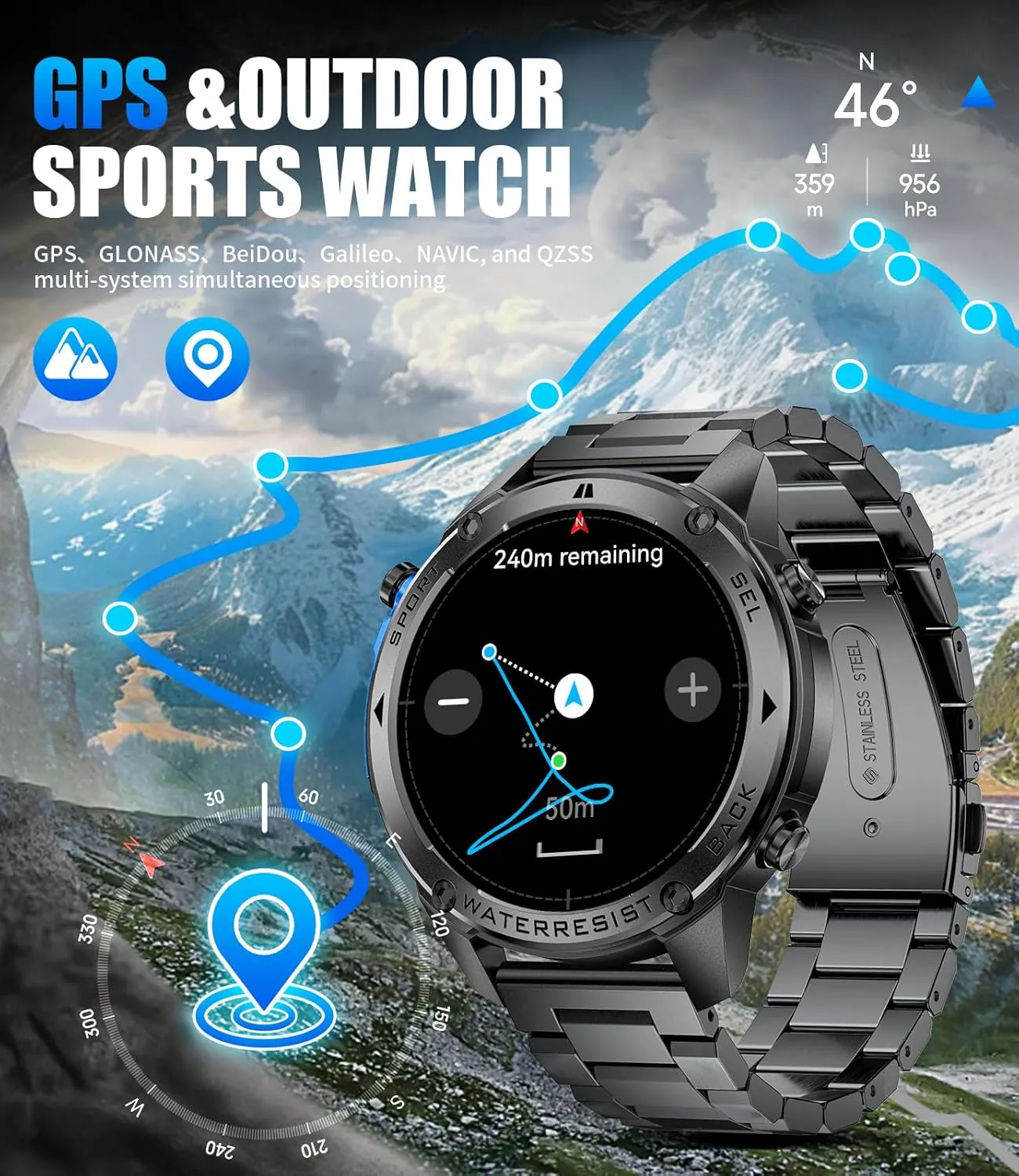LIGE GPS Military Smart Watch for Men, Compass GPS Running Watch, 170  Sport Modes Fitness Tracker Watch, 1.43'' AMOLED Smart Watches, Rugged Smart Watch for Android iOS