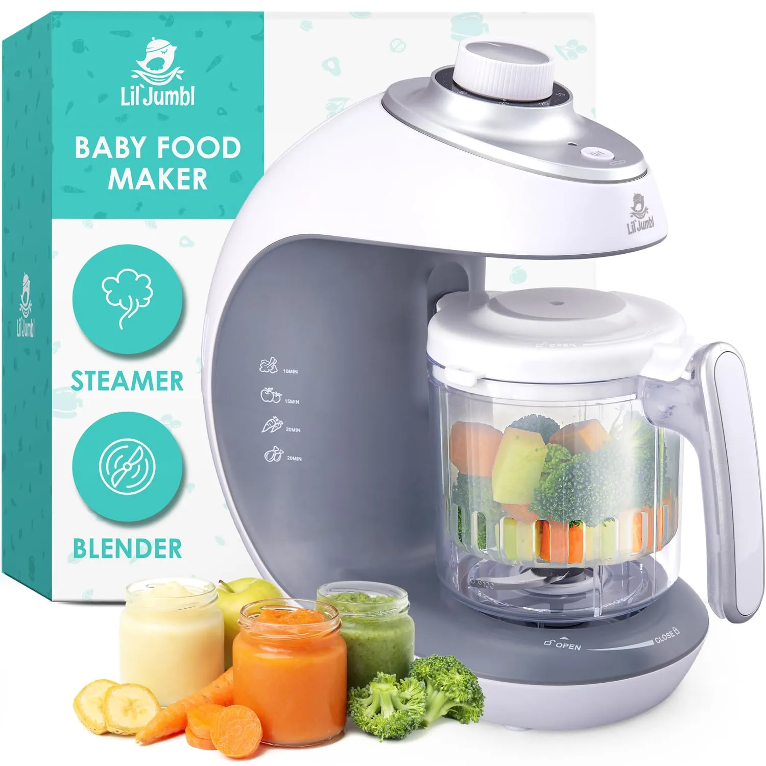 Lil’ Jumbl Baby Food Maker - 2-in-1 Steamer & Puree Blender with Timer, One-Press Processor & Auto Shutoff - Cook & Steam Fruits, Veggies & Other Healthy Homemade Infant & Toddler Meals in Minutes