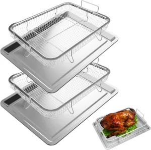 Linkidea 2 Pcs Compact Roasting Pan with Rack Set, Rectangle 12.6'' x 9.4'' Stainless Steel Baking Accessories, Oven Tray and Safe Grid Wire Racks for Roasting