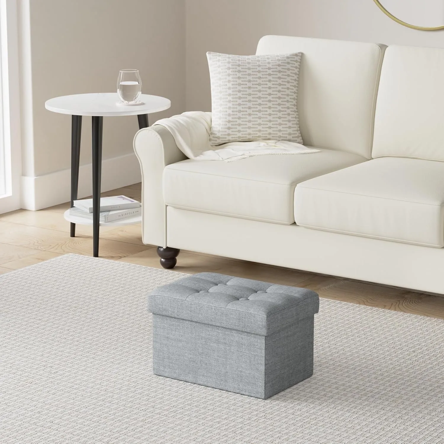 LINMAGCO Ottoman Storage Ottoman with Storage Small Foot Rest Stool Under Desk Stool Short Folding Footrest Linen Cloth Light Gray 16X12X12IN