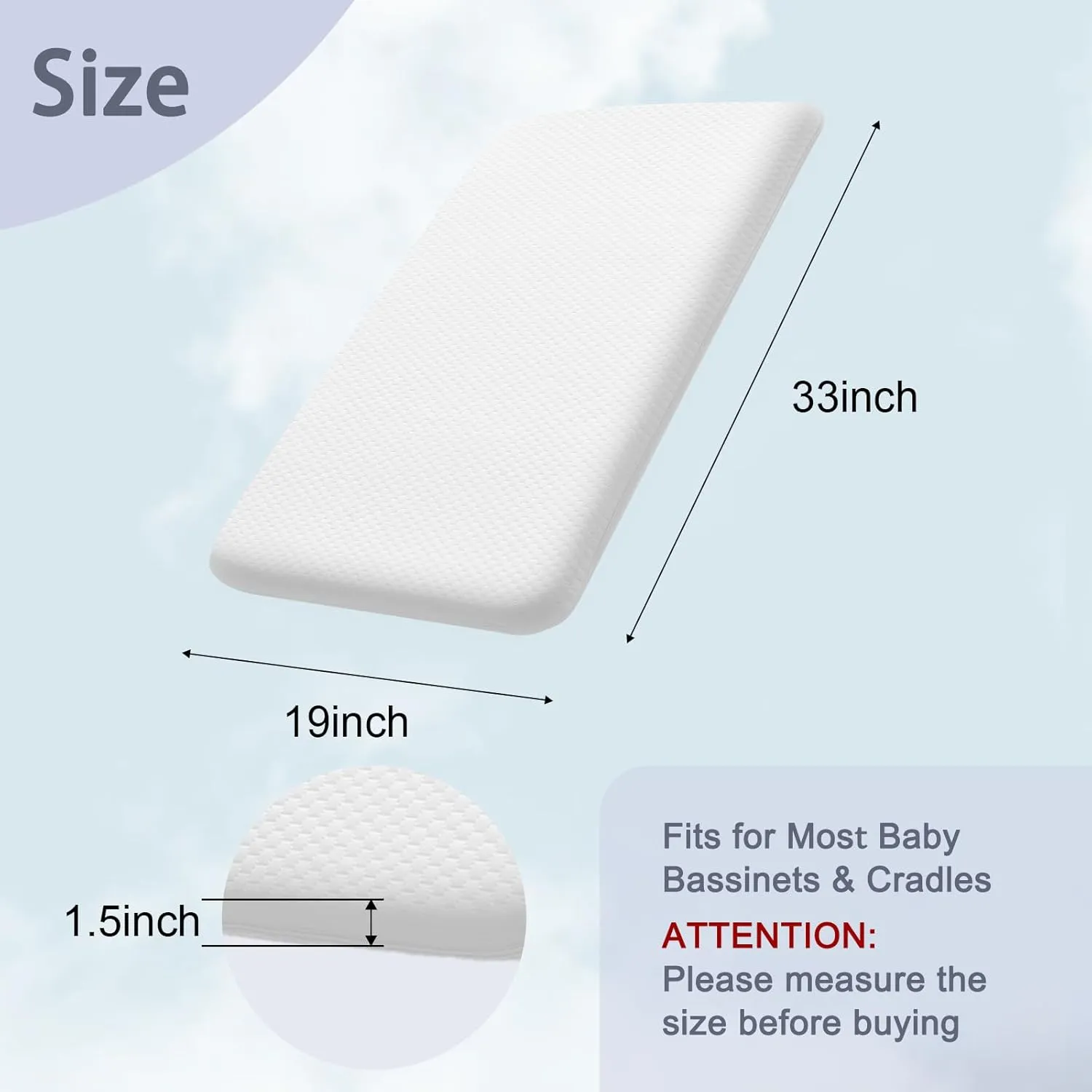 Lisara Baby Bassinet Mattress Pad, 33 x 19 Dual Sided Gel Memory Foam Mattress with Waterproof, Removable Ice Silk Cover, Fit for ANGELBLISS/Jimglo 3 in 1 Bassinet, BabyBond and Cowiewie Bassinet