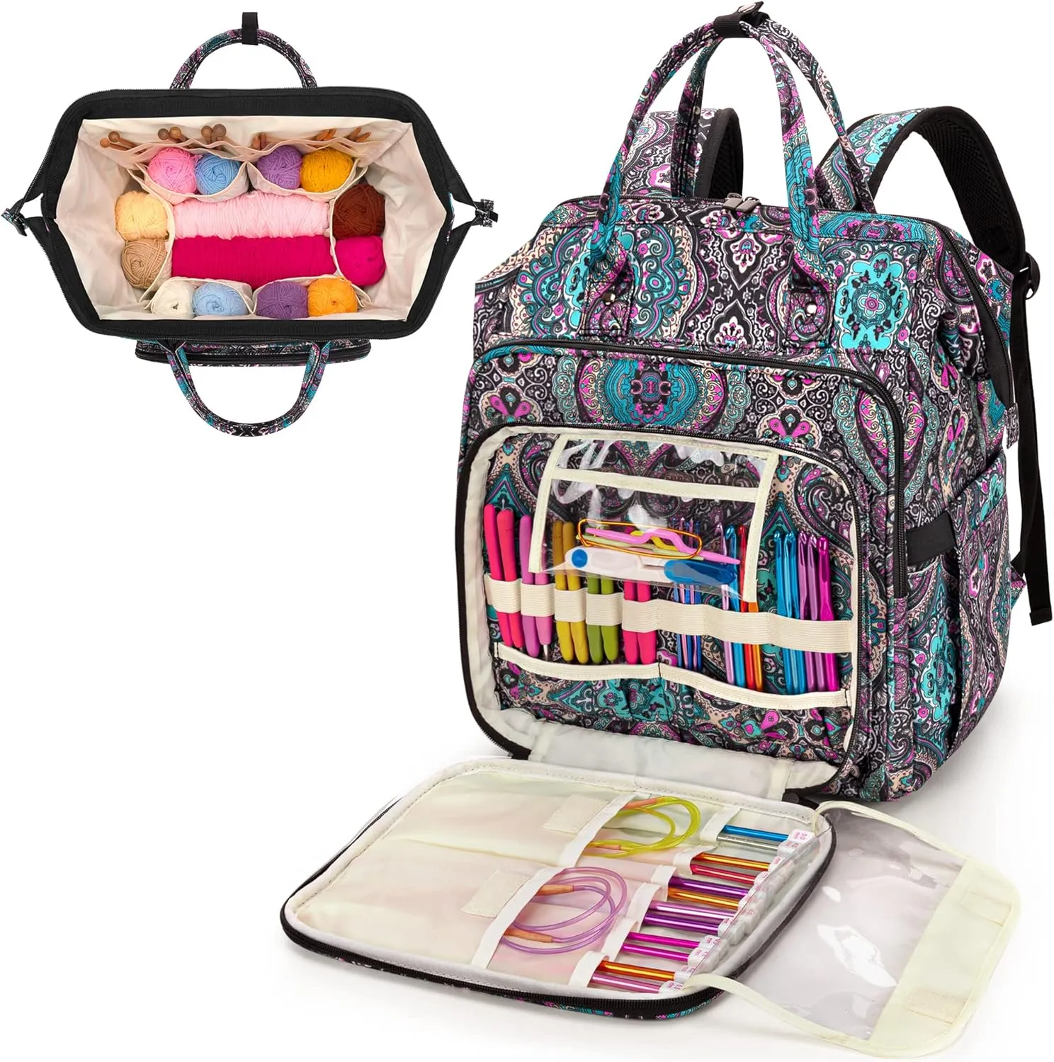 LoDrid Knitting Bag Backpack with Three Oversized Grommets, Travel Yarn Bag with Steel Frame Top, Crochet Organizer for Crochet Hooks, Knitting Needles, and Other Accessories, Totem, Bag Only