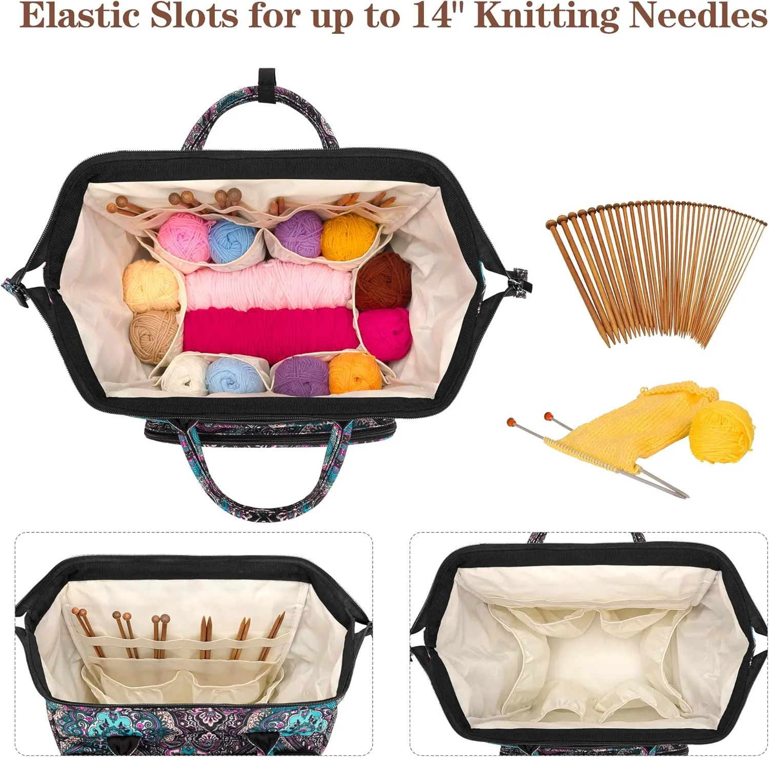 LoDrid Knitting Bag Backpack with Three Oversized Grommets, Travel Yarn Bag with Steel Frame Top, Crochet Organizer for Crochet Hooks, Knitting Needles, and Other Accessories, Totem, Bag Only