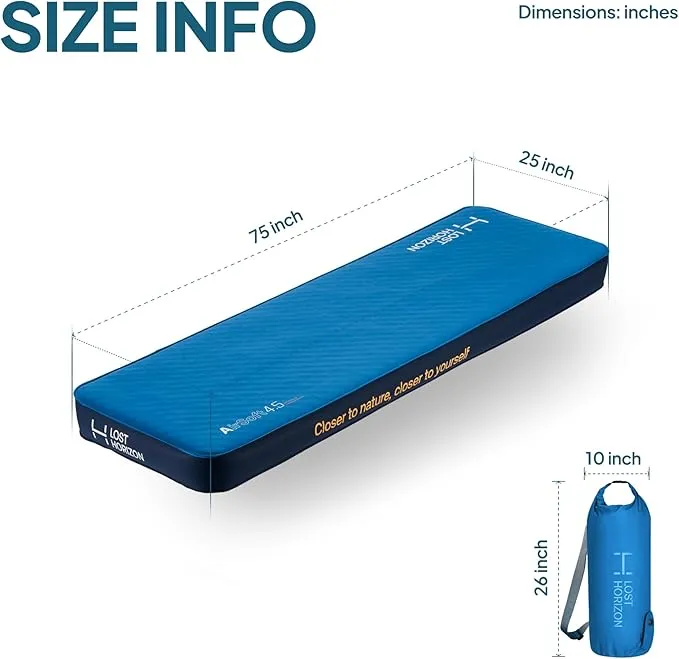 LOSTHORIZON 4.5” Thick Self Inflating Sleeping Pad with Solid Foam, Camping Mattress with Air Pump, Portable Roll Up Bed, Inflatable Outdoor Mat for Rooftop Tent Car Truck Van, Cot