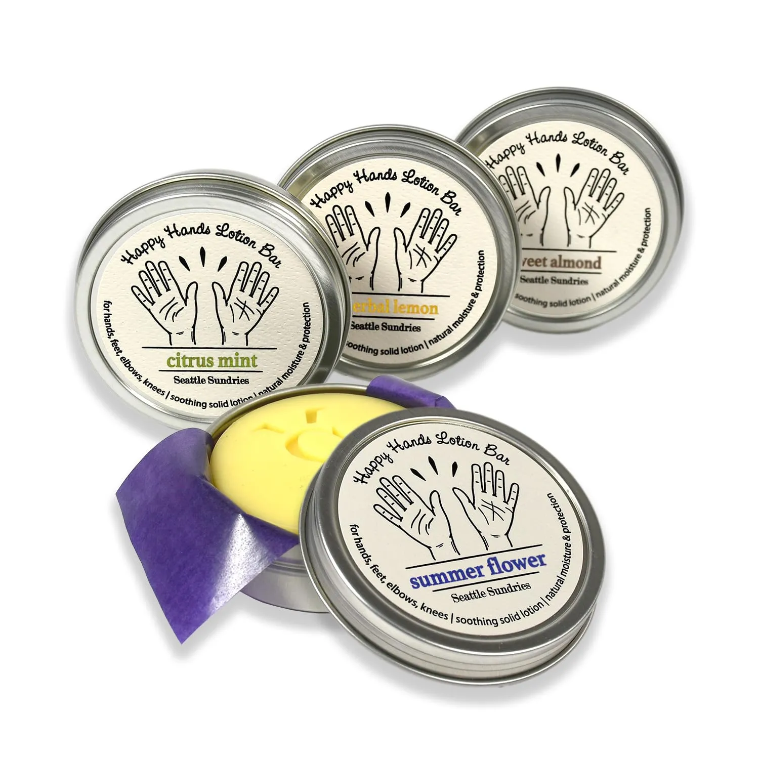 Lotion Bar Pack with Beeswax & Shea Butter, Gift Set for Women & Men. 4x (1.15oz) Solid Lotions in Travel Tins, Natural Mother's Day Present