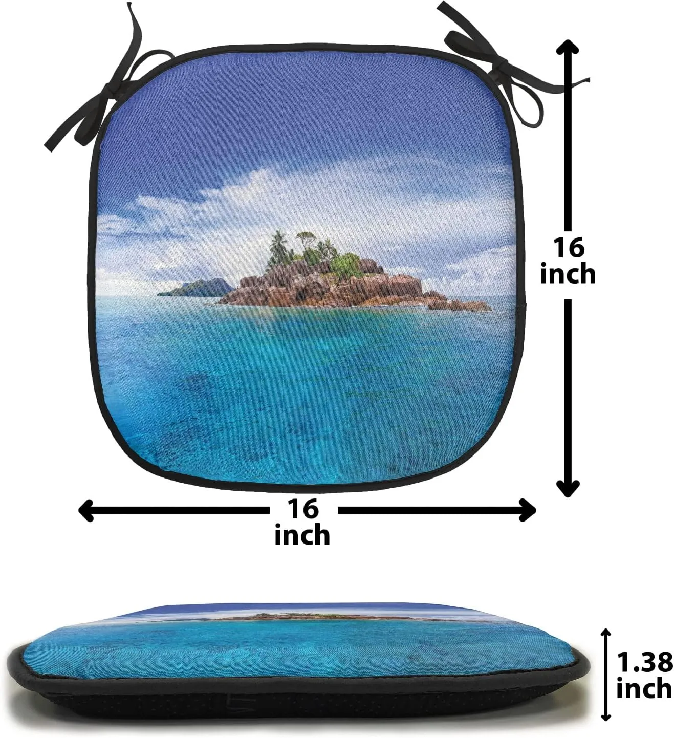 Lunarable Island Chair Cushion Pad, Island at Seychelles Coconut Journey Jungle Rocky Coast Waves Surface Print, Seat Padding for Kitchen & Patio with Anti-Slip Backing, 16"x16", Blue Caramel Green