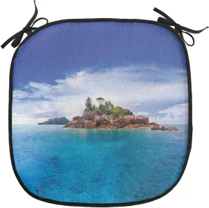 Lunarable Island Chair Cushion Pad, Island at Seychelles Coconut Journey Jungle Rocky Coast Waves Surface Print, Seat Padding for Kitchen & Patio with Anti-Slip Backing, 16"x16", Blue Caramel Green