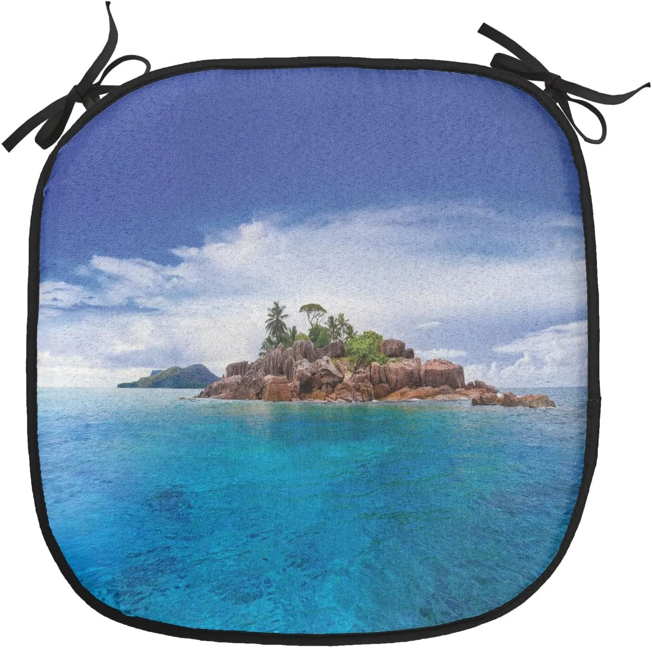 Lunarable Island Chair Cushion Pad, Island at Seychelles Coconut Journey Jungle Rocky Coast Waves Surface Print, Seat Padding for Kitchen & Patio with Anti-Slip Backing, 16"x16", Blue Caramel Green