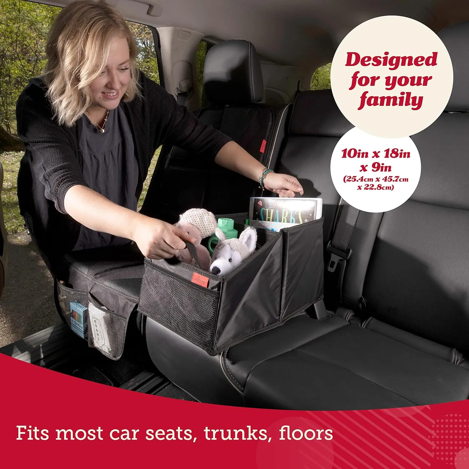 Lusso Gear 9-Compartment Car Seat Organizer with Cup Holders - For Front, Back, Passenger Seats, Truck and Van (Black w Red Stitch)