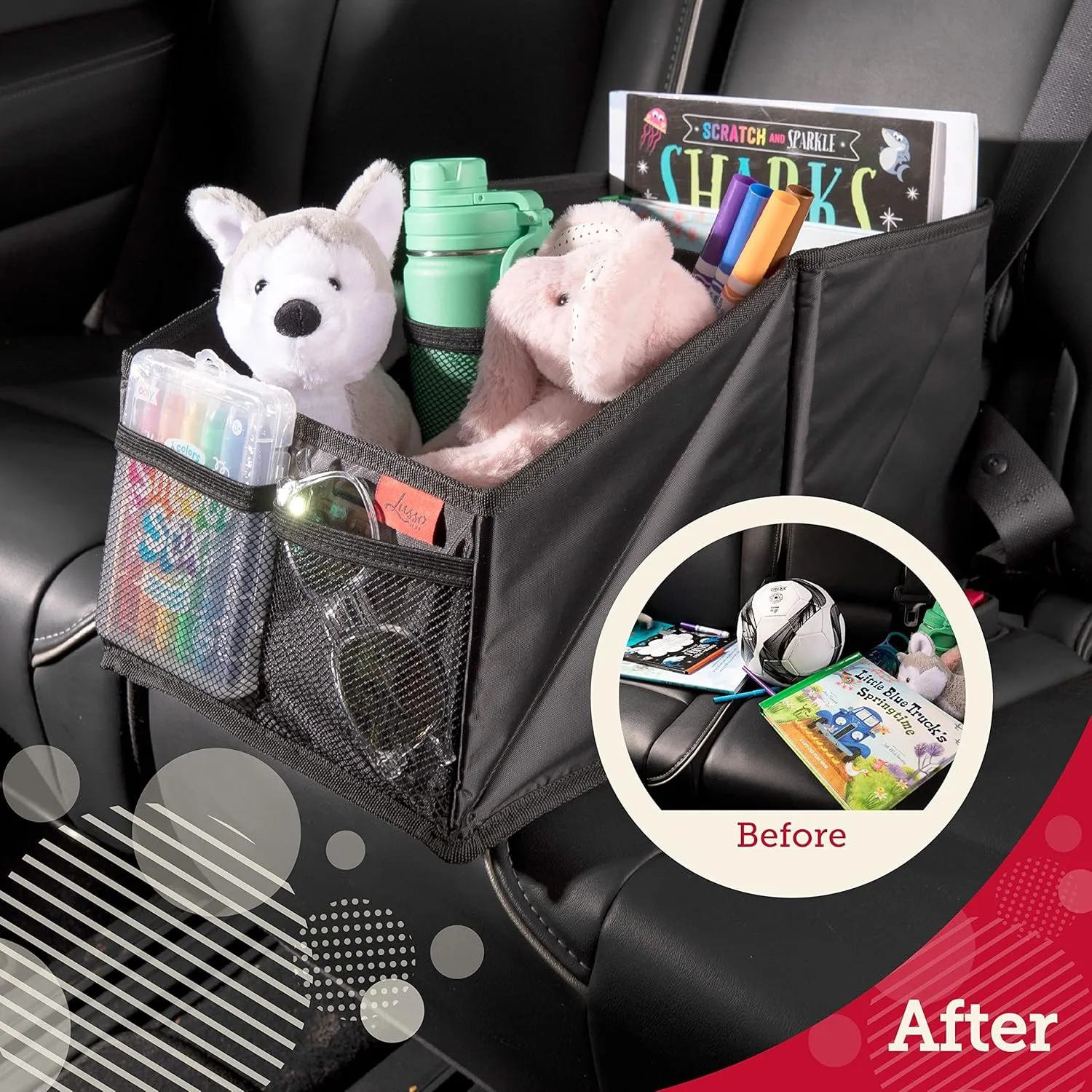 Lusso Gear 9-Compartment Car Seat Organizer with Cup Holders - For Front, Back, Passenger Seats, Truck and Van (Black w Red Stitch)