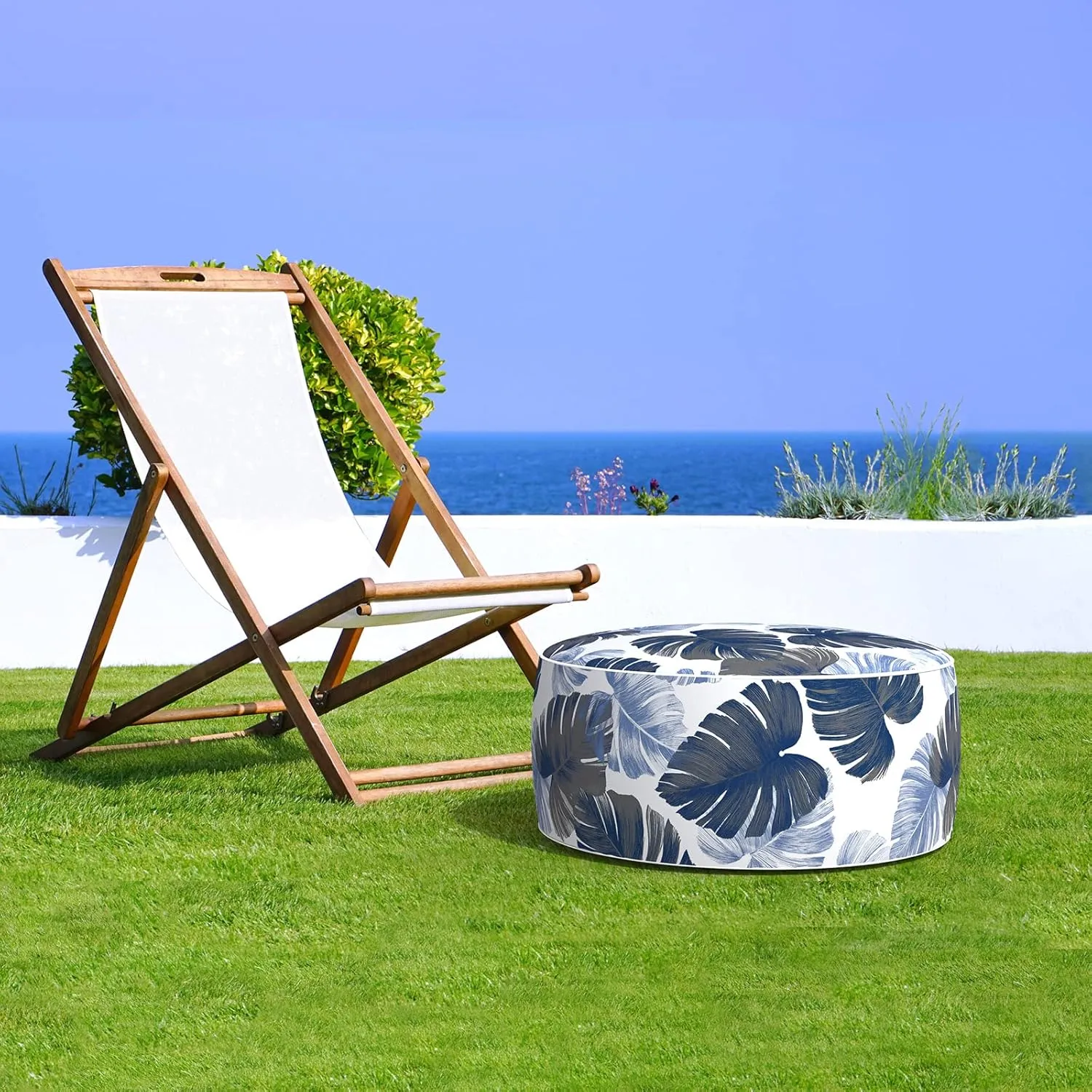 LVTXIII Indoor/Outdoor Inflatable Ottoman, All Weather Round Footrest Stool D21”x H9”, Portable for Patio Garden Camping or Home-Big Leaves