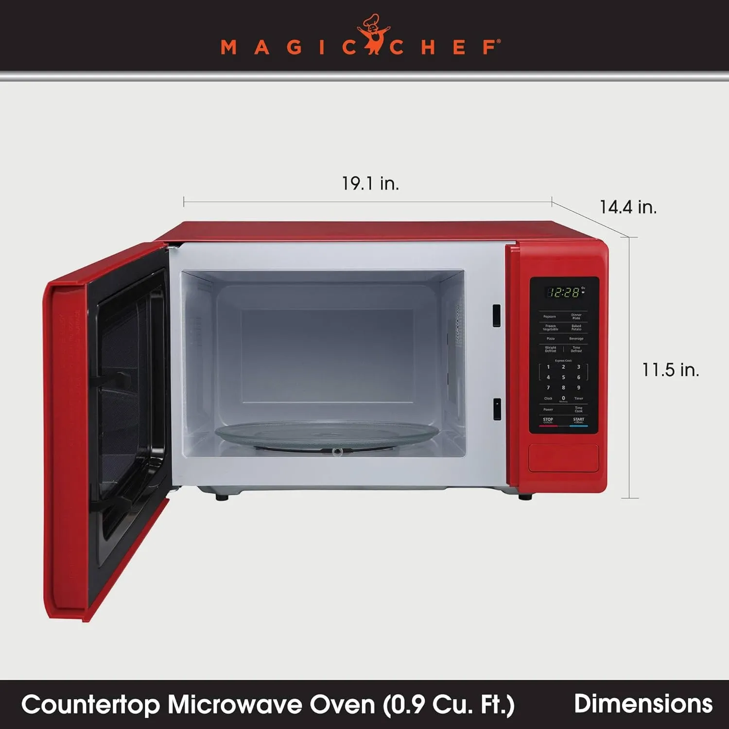 Magic Chef 0.9 Cubic Feet 900 Watt Small Stainless Countertop Microwave Oven for Compact Spaces w/ 6 Pre Programmed Cooking Modes, Red