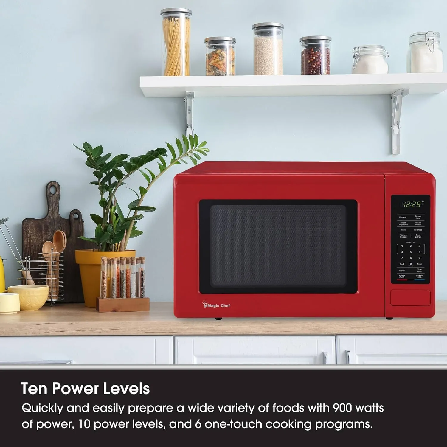 Magic Chef 0.9 Cubic Feet 900 Watt Small Stainless Countertop Microwave Oven for Compact Spaces w/ 6 Pre Programmed Cooking Modes, Red