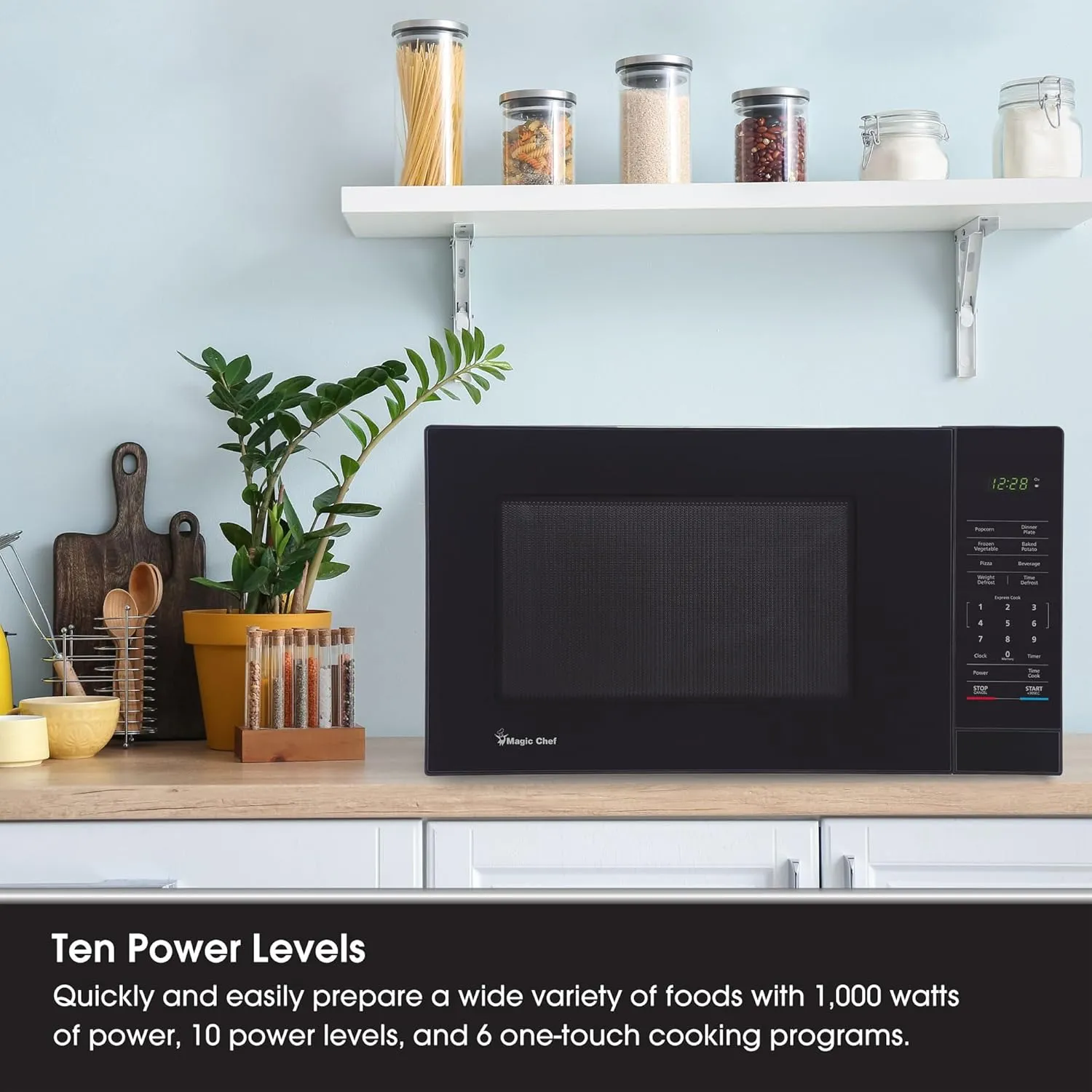Magic Chef Compact Countertop Microwave Oven, 1000 Watts, Black, 1.1 Cu. Ft. - Digital Kitchen Appliance with One-Touch Cooking, Child Lock, Timer, Reheat, Defrost and 10 Power Levels