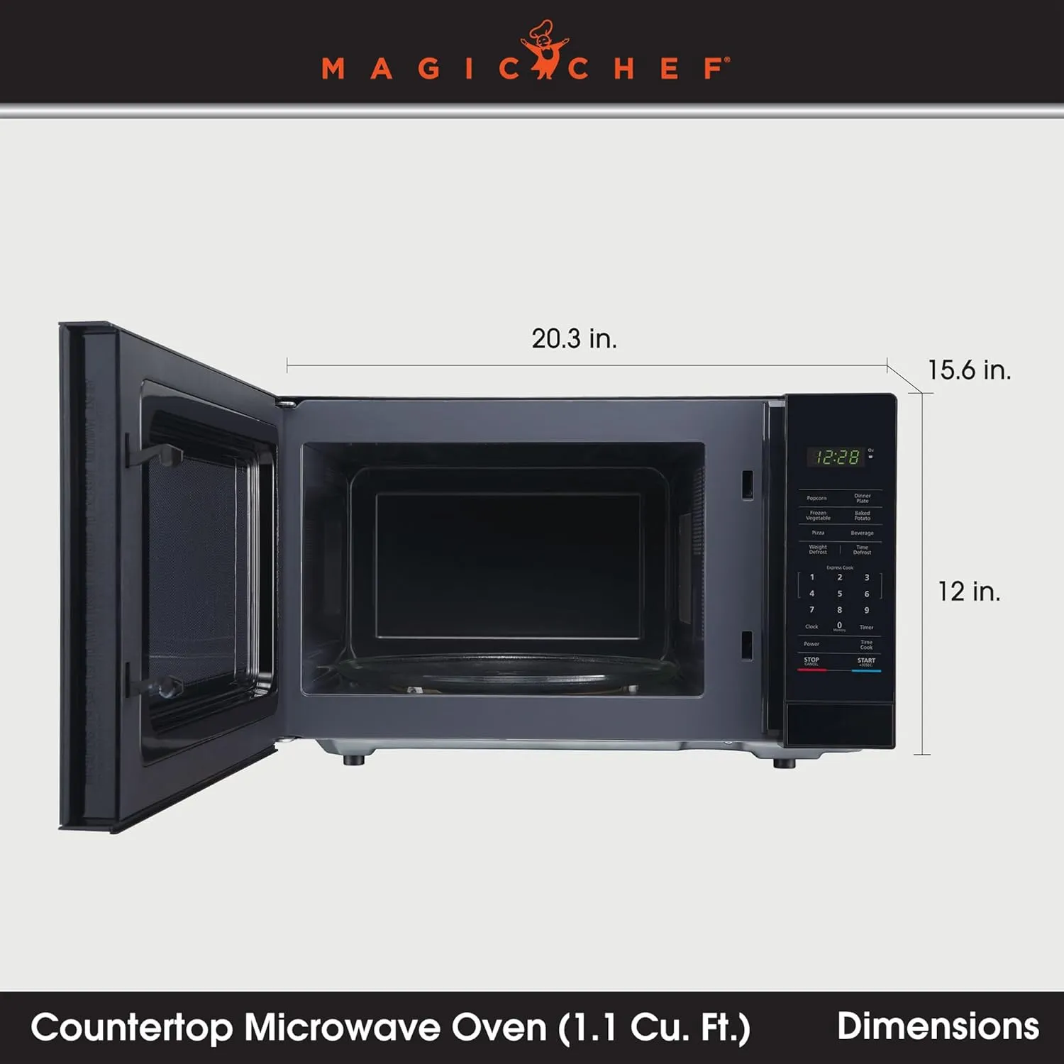 Magic Chef Compact Countertop Microwave Oven, 1000 Watts, Black, 1.1 Cu. Ft. - Digital Kitchen Appliance with One-Touch Cooking, Child Lock, Timer, Reheat, Defrost and 10 Power Levels