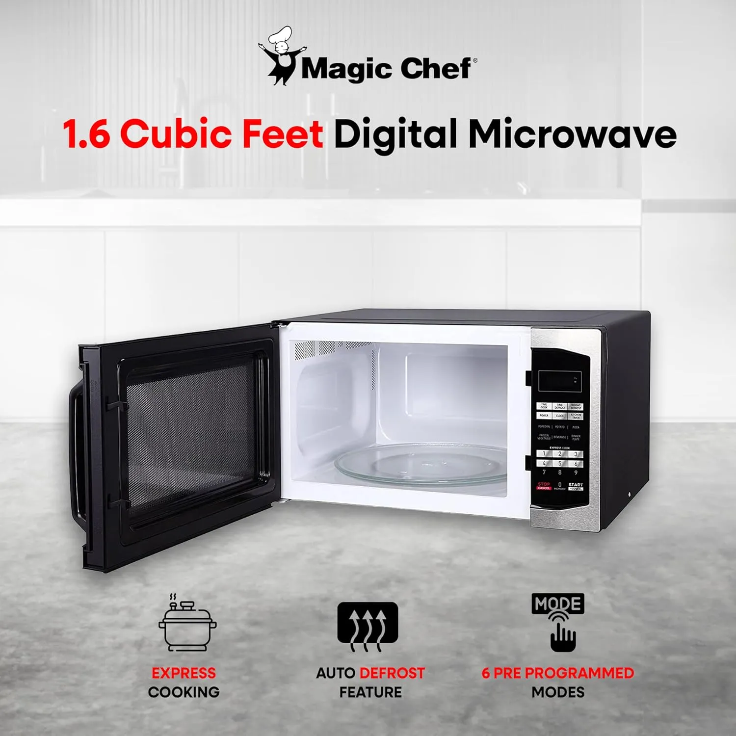 Magic Chef Compact Countertop Microwave Oven, 1,100 Watts, Stainless Steel, 1.6 Cu. Ft. - Digital Kitchen Appliance with One-Touch Cooking, Child Lock, Timer, Reheat, Defrost, and 10 Power Levels