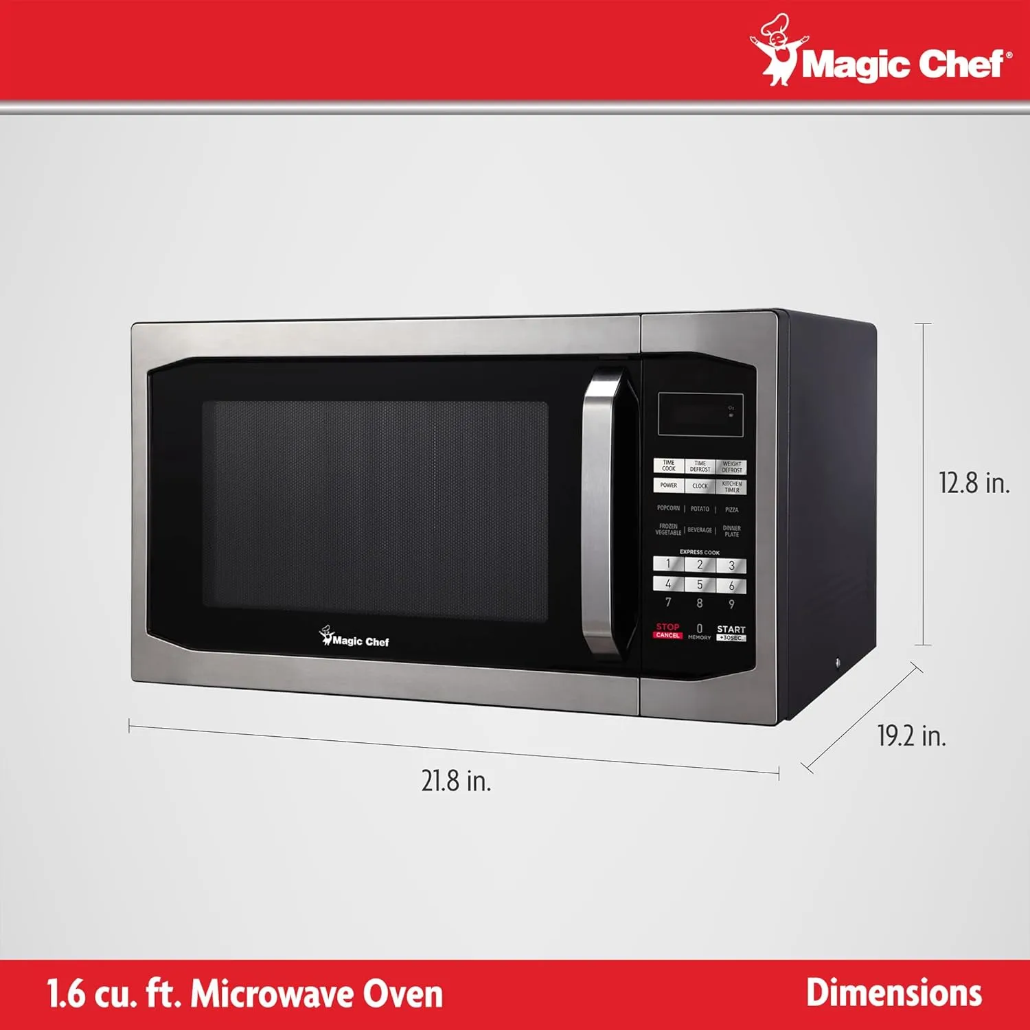 Magic Chef Compact Countertop Microwave Oven, 1,100 Watts, Stainless Steel, 1.6 Cu. Ft. - Digital Kitchen Appliance with One-Touch Cooking, Child Lock, Timer, Reheat, Defrost, and 10 Power Levels
