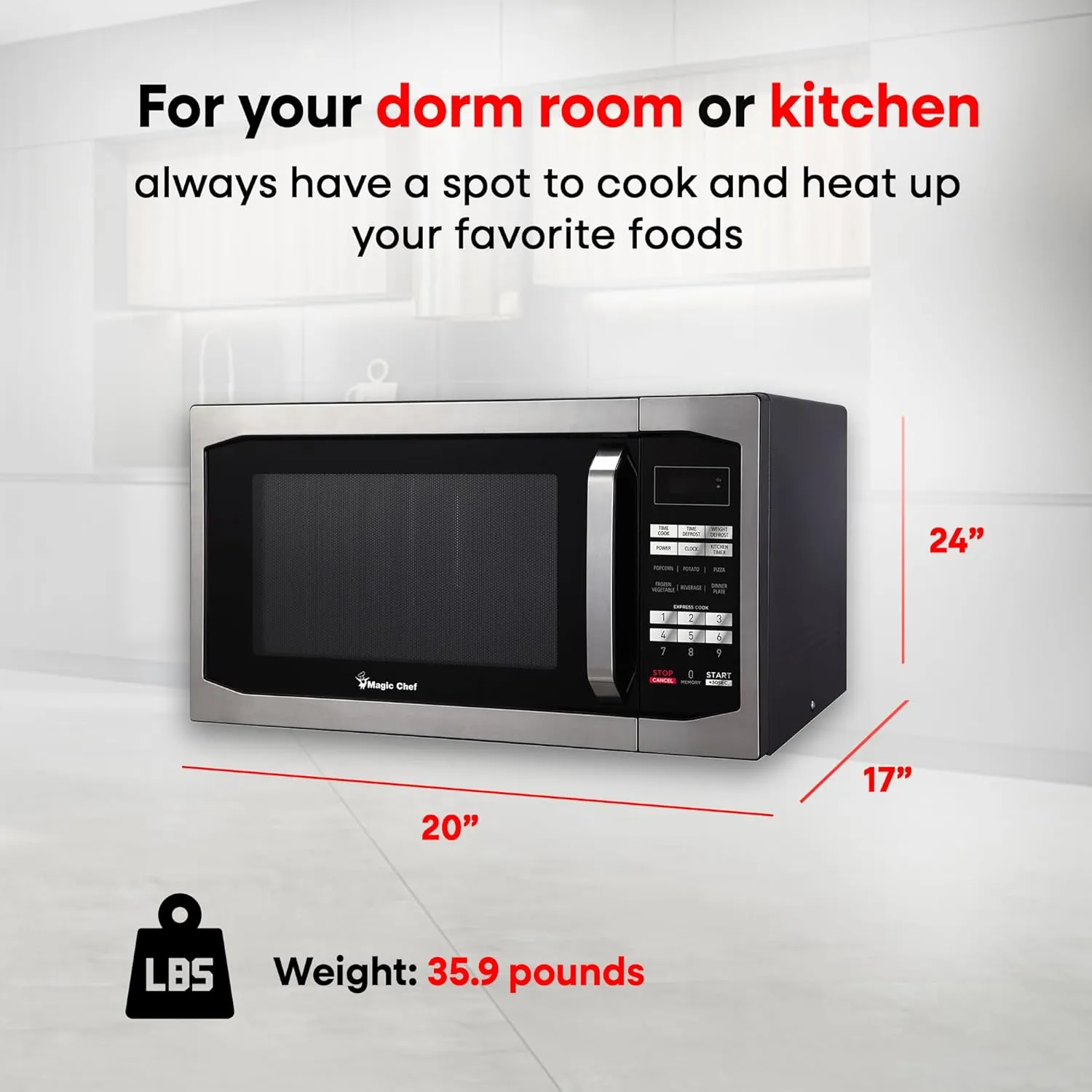 Magic Chef Compact Countertop Microwave Oven, 1,100 Watts, Stainless Steel, 1.6 Cu. Ft. - Digital Kitchen Appliance with One-Touch Cooking, Child Lock, Timer, Reheat, Defrost, and 10 Power Levels