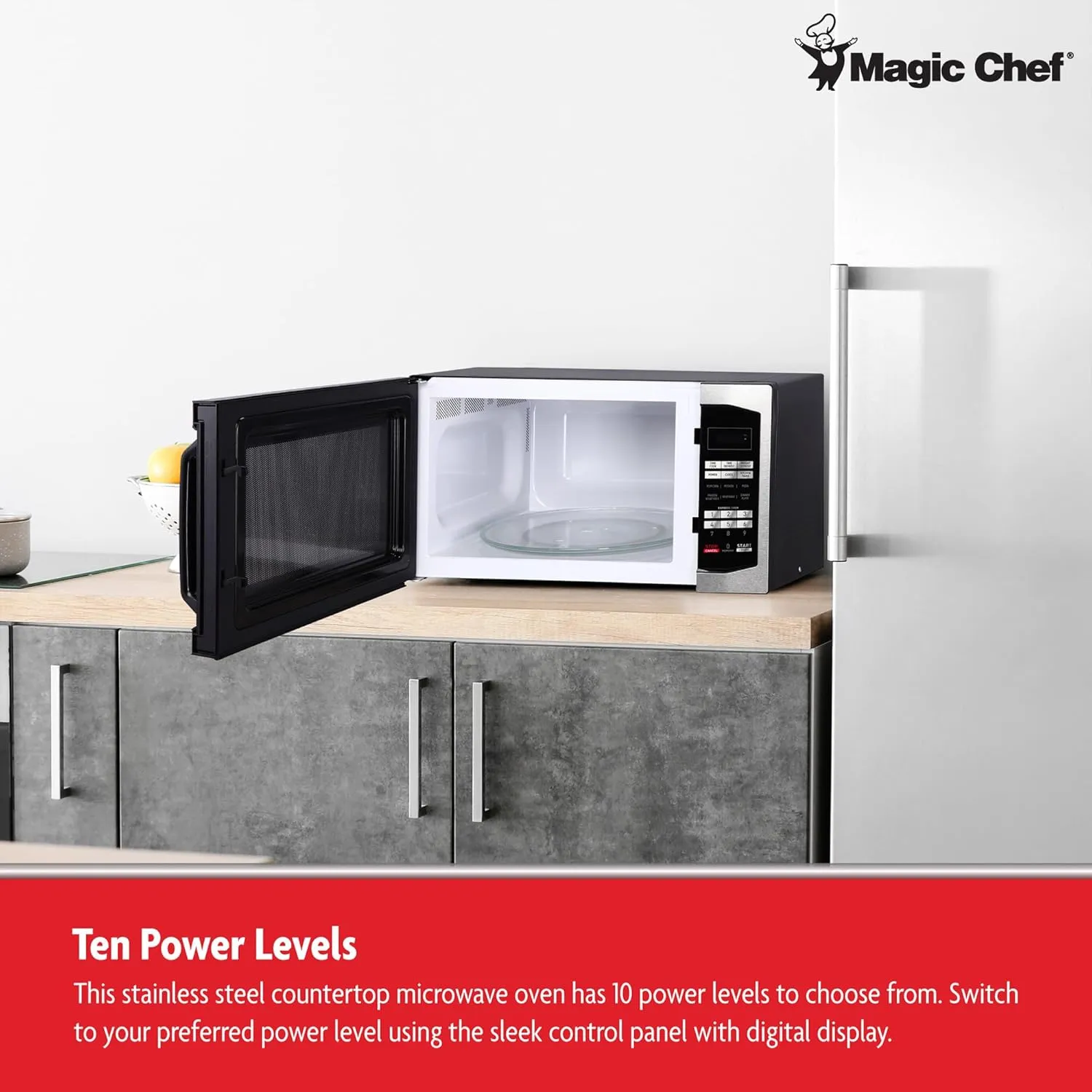 Magic Chef Compact Countertop Microwave Oven, 1,100 Watts, Stainless Steel, 1.6 Cu. Ft. - Digital Kitchen Appliance with One-Touch Cooking, Child Lock, Timer, Reheat, Defrost, and 10 Power Levels