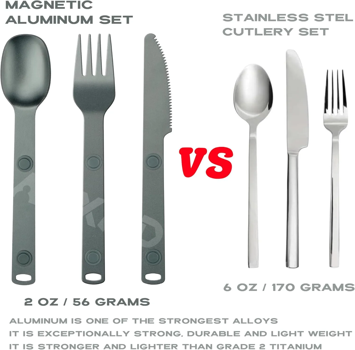 Magnetic Camping Utensils Set, Knife, Fork & Spoon Cutlery Set, Portable & Reusable Metal Aluminum Travel Flatware, Gray