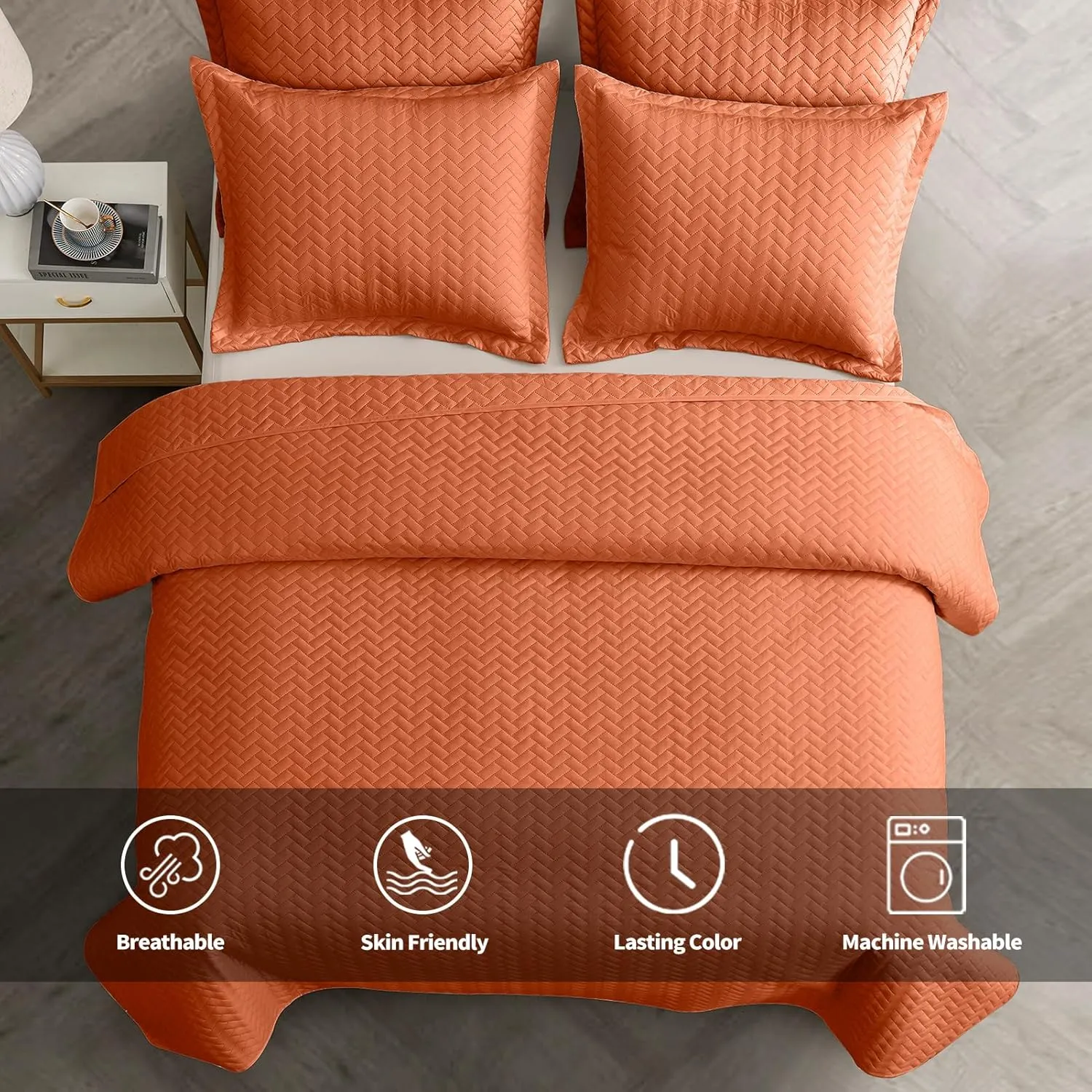 Maple&Stone Quilt Set King Size, Burnt Orange Lightweight Bedspread Ultrasonic Chevron Pattern Light Coverlet for All Season Comforter Bedding Decor - 3 Piece King Bed Cover Sets