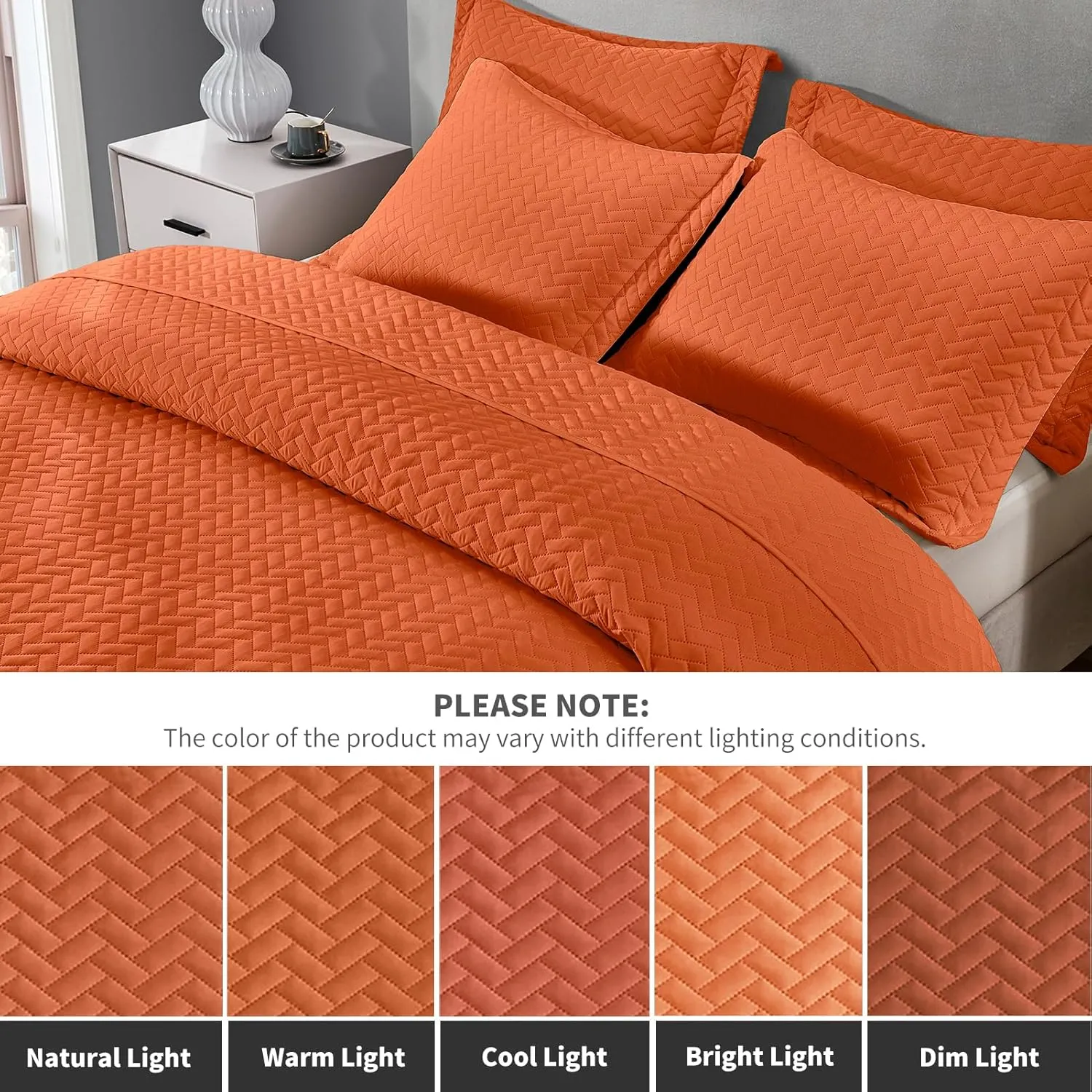 Maple&Stone Quilt Set King Size, Burnt Orange Lightweight Bedspread Ultrasonic Chevron Pattern Light Coverlet for All Season Comforter Bedding Decor - 3 Piece King Bed Cover Sets