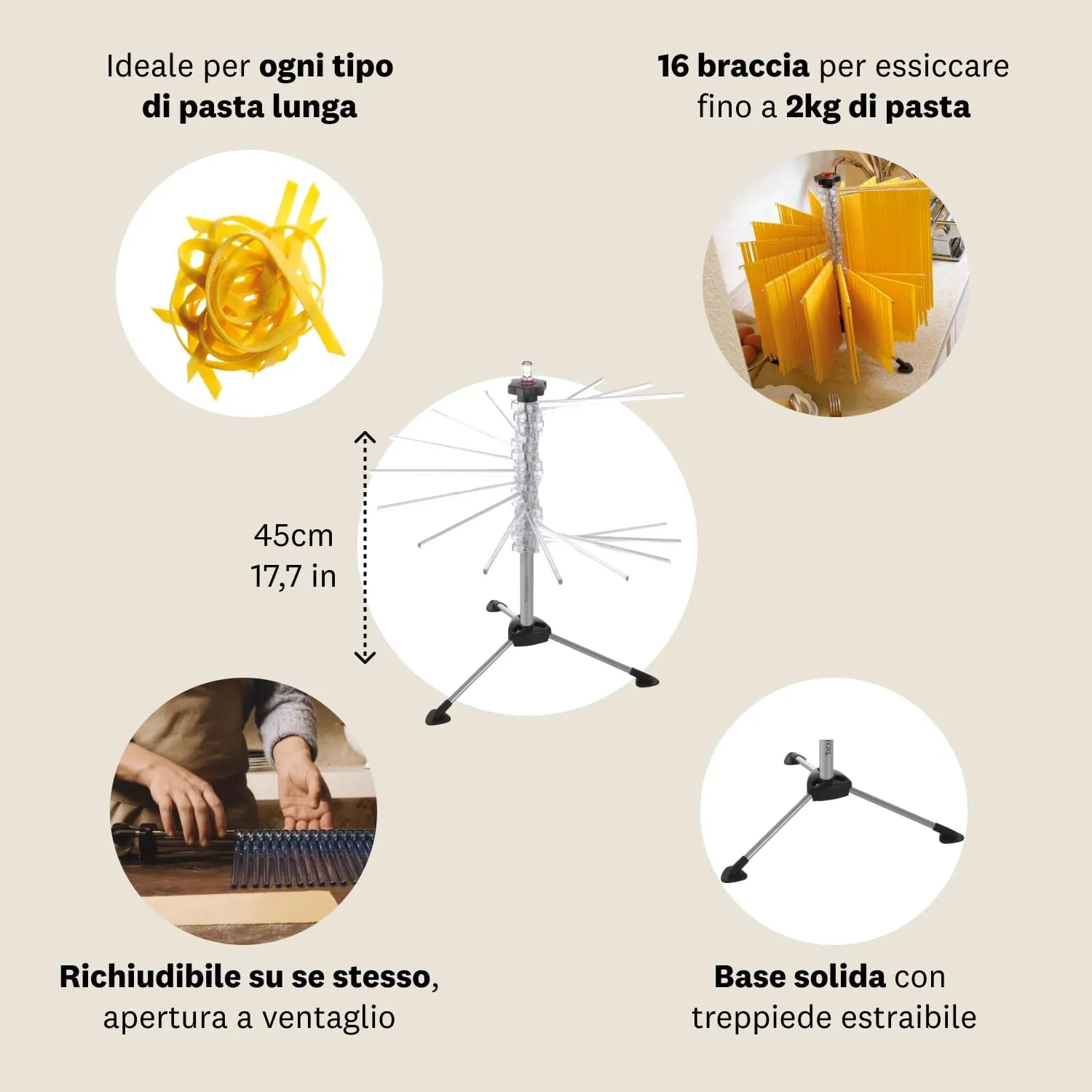 MARCATO Atlas Pasta Drying Rack, Tacapasta, Made in Italy, Steel and Polycarbonate, Collapsible, Clear