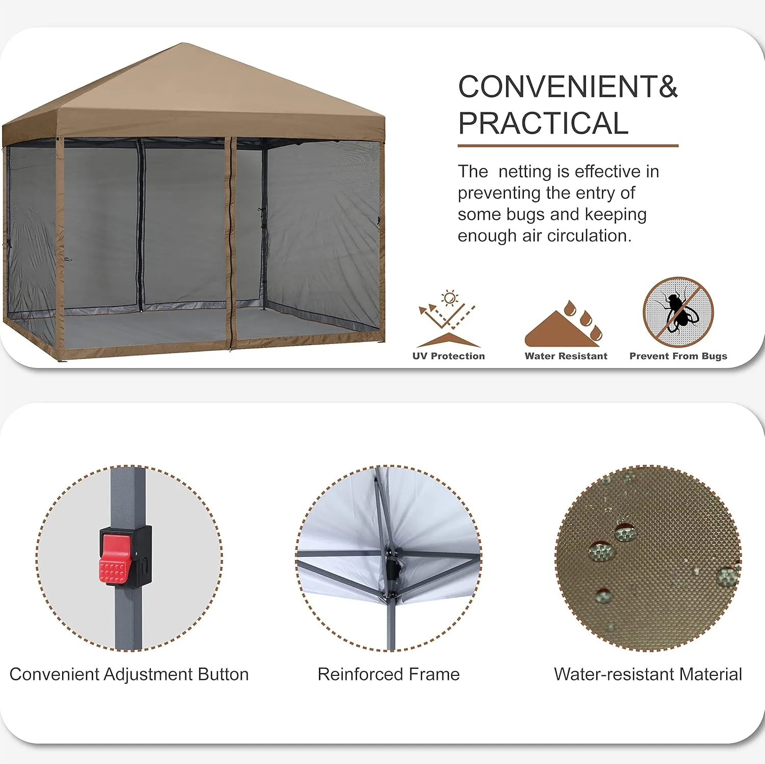 MASTERCANOPY Pop-Up Quick Setup Outdoor Canopy with Netting Screen Walls (10x10, Khaki)