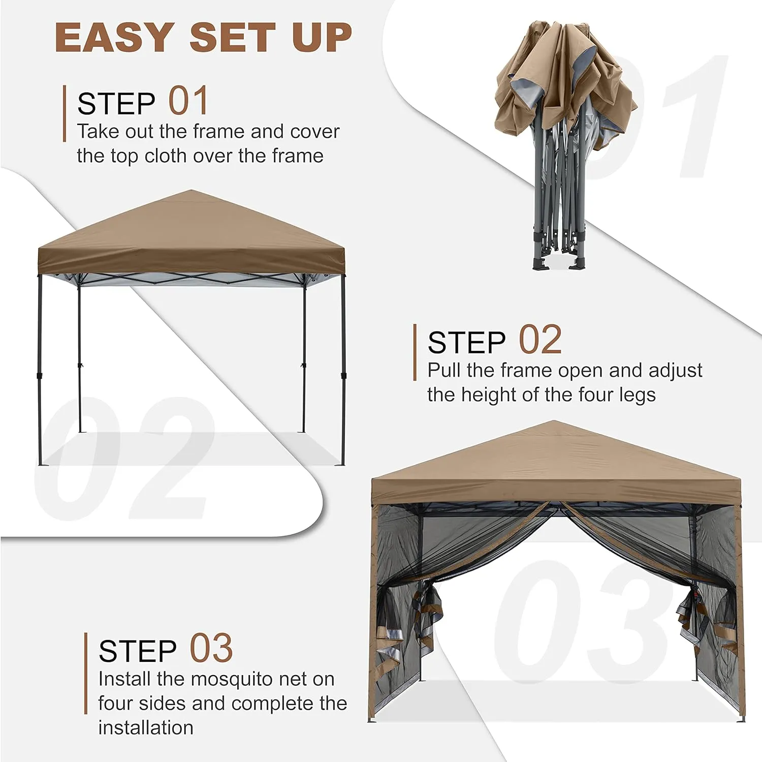 MASTERCANOPY Pop-Up Quick Setup Outdoor Canopy with Netting Screen Walls (10x10, Khaki)