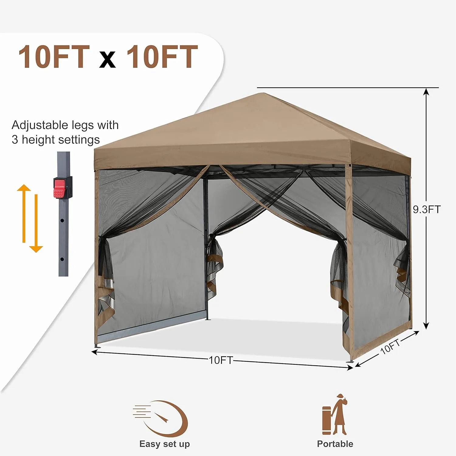 MASTERCANOPY Pop-Up Quick Setup Outdoor Canopy with Netting Screen Walls (10x10, Khaki)