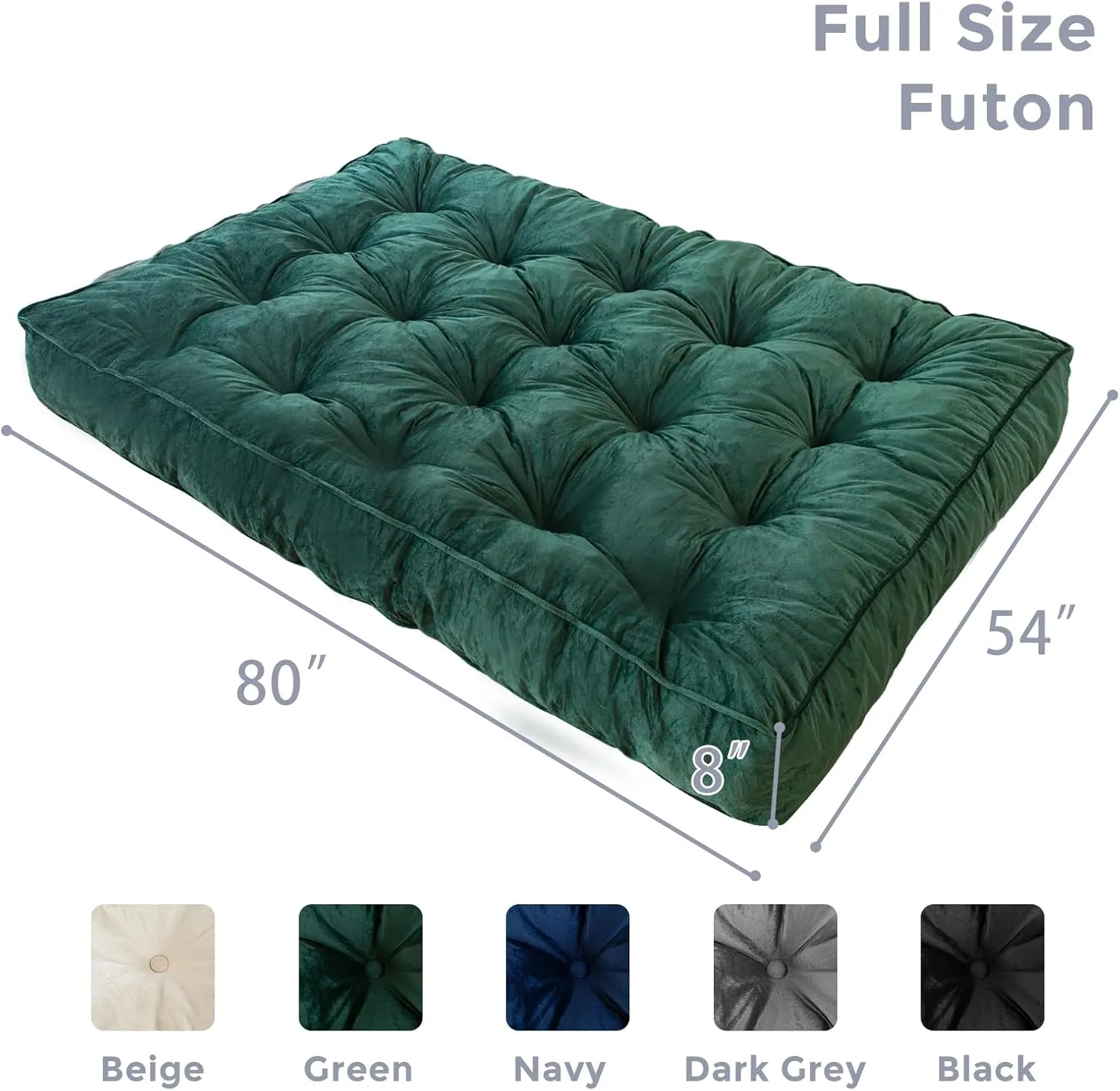 MAXYOYO 8" Futon Mattress Full Size, Extra Thick Futons Sofa Couch Bed, Velvet Floor Mattress for Adults, Shredded Foam Filling (Frame Not Included), Green