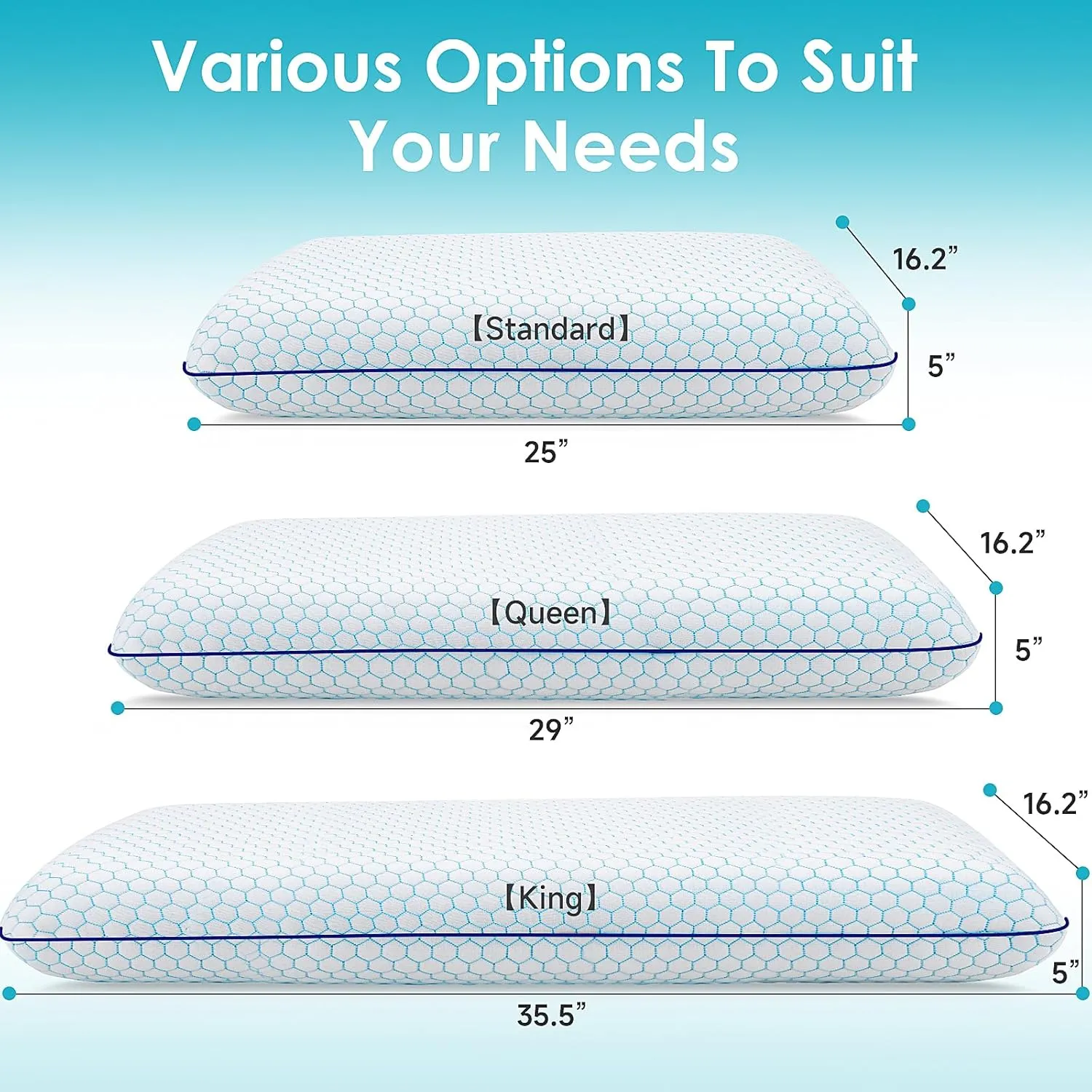 Memory Foam Pillows for Side, Back and Stomach Sleepers, Set of 2, Bed Pillow with Washable Cover and Breathable Mesh, Bed Pillow for Sleeping (Blue，Queen Size)