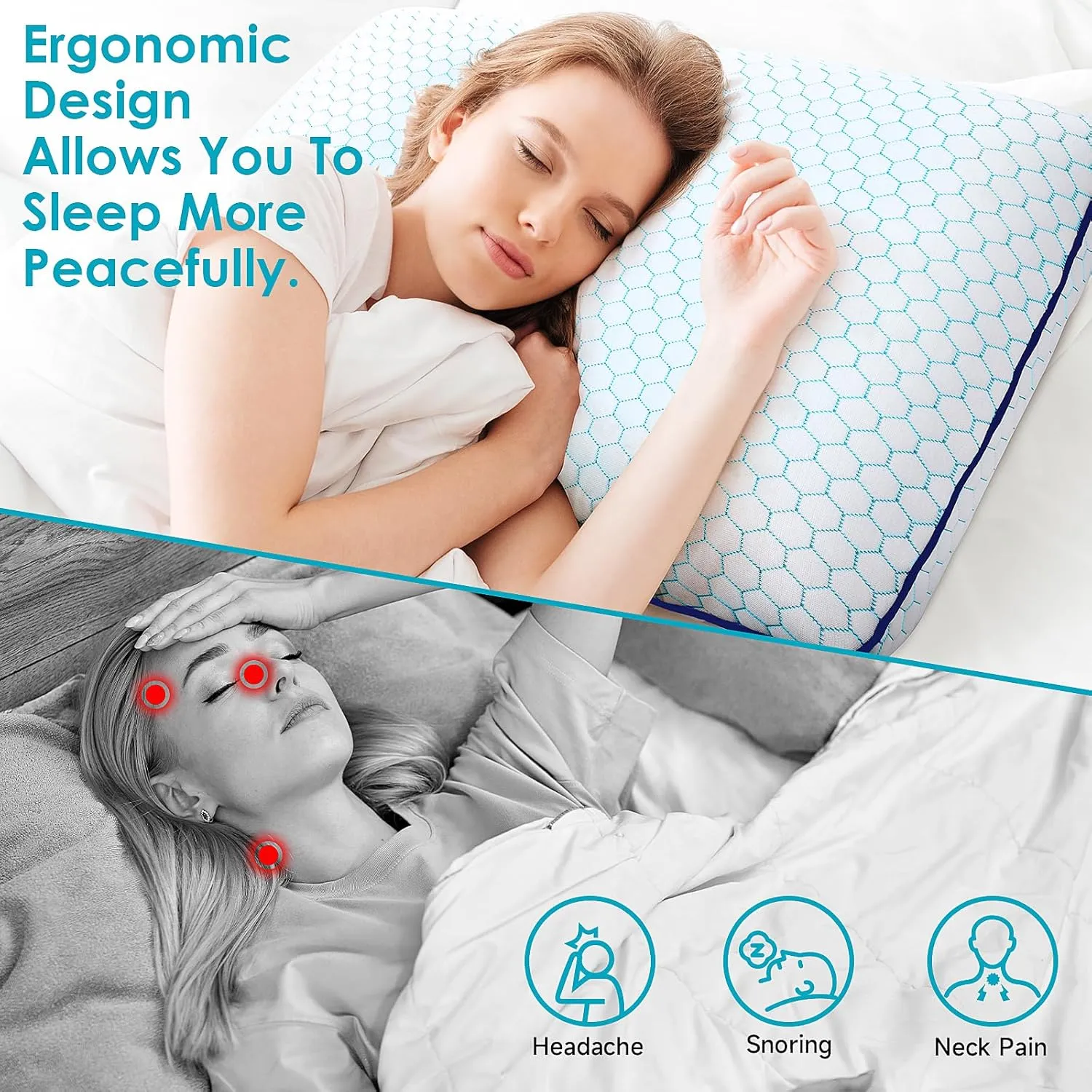 Memory Foam Pillows for Side, Back and Stomach Sleepers, Set of 2, Bed Pillow with Washable Cover and Breathable Mesh, Bed Pillow for Sleeping (Blue，Queen Size)