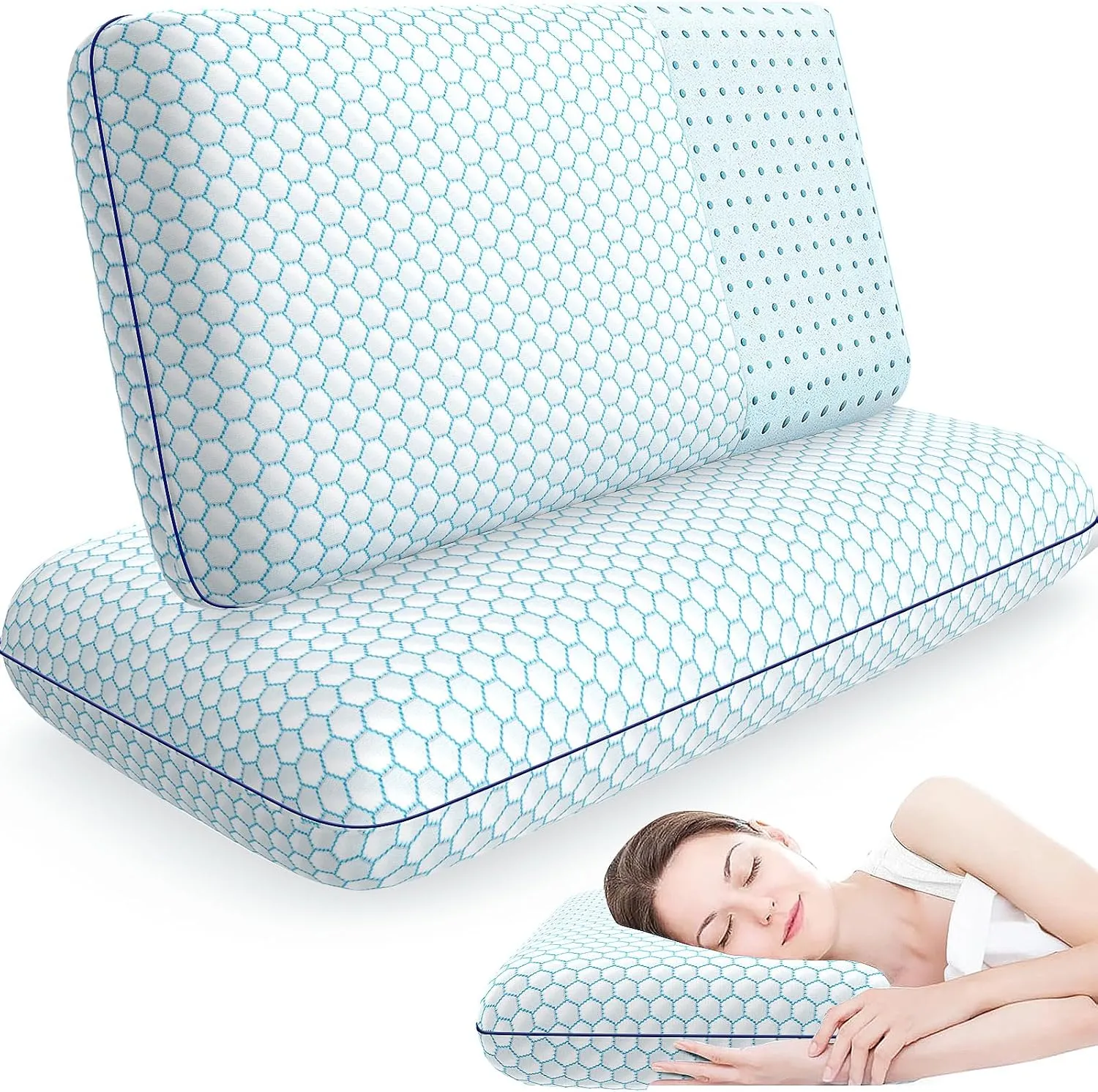 Memory Foam Pillows for Side, Back and Stomach Sleepers, Set of 2, Bed Pillow with Washable Cover and Breathable Mesh, Bed Pillow for Sleeping (Blue，Queen Size)