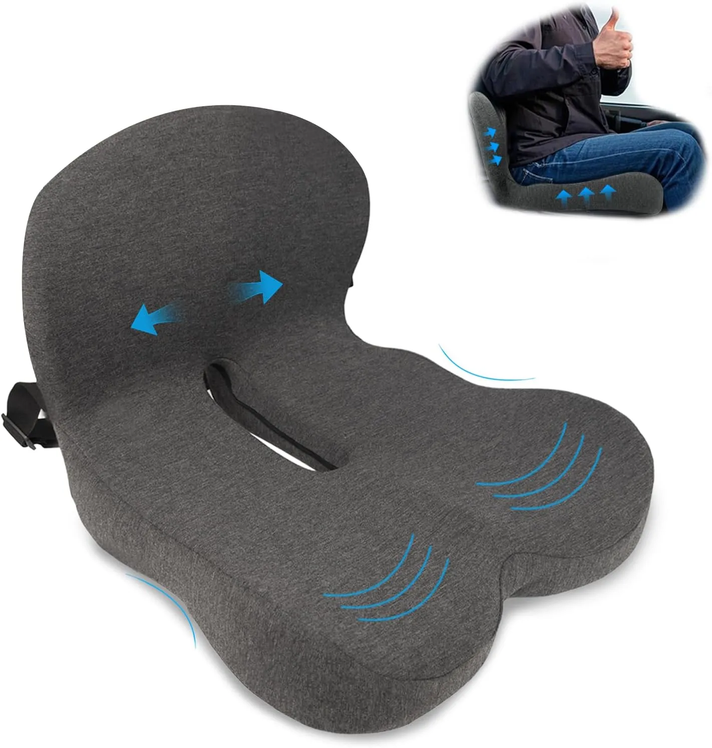 Memory Foam Seat Cushion,Office Chair Cushion with Lumbar Support for Back Pressure Relief, Car Seat Cushion with Adjustable Strap,Sciatica Pad Cushions for Car,Truck, Desk,Gaming Chair