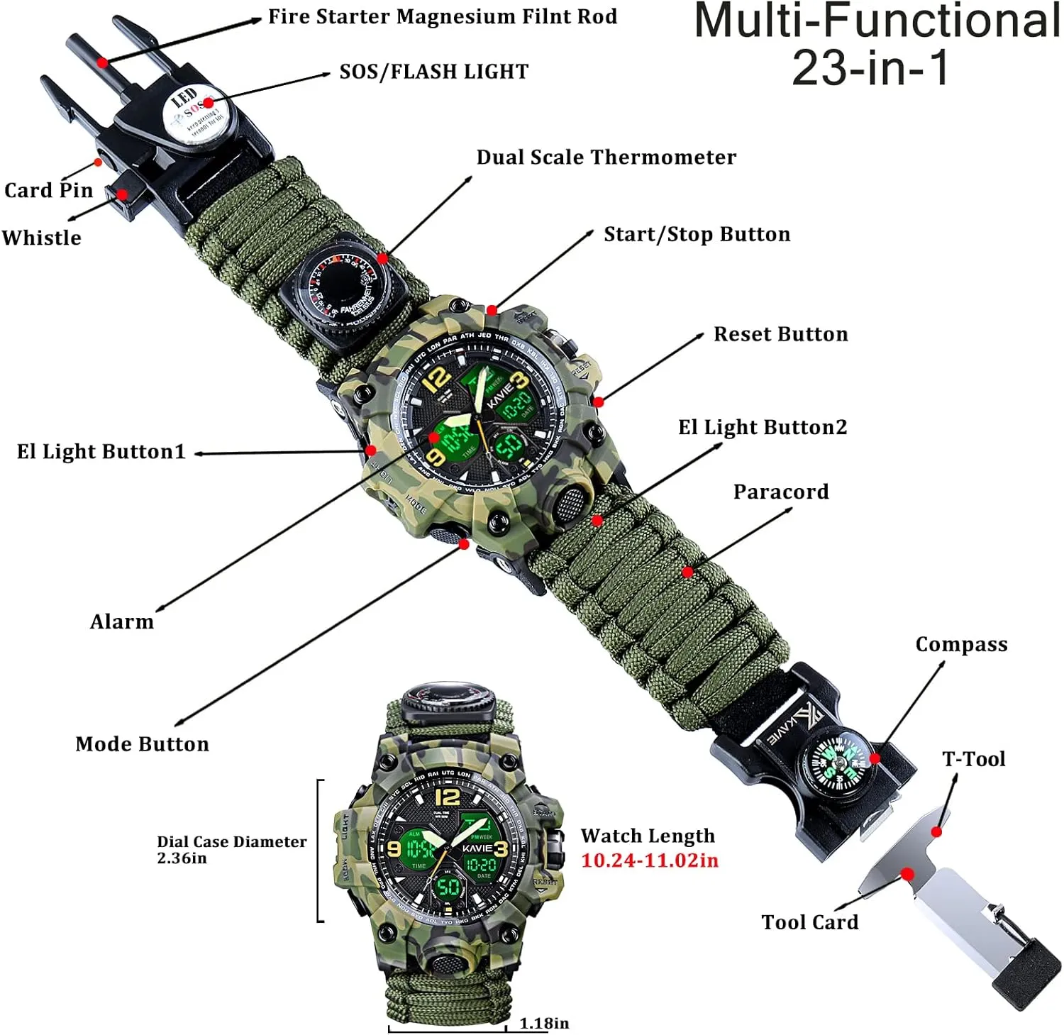 Mens Tactical Military Digital Watch, 23-in-1 Survival Multi-Functional Army Outdoors Waterproof Camouflage Sports Watches Dual Display Analog LED Electronic Wristwatches with Compass Paracord Band