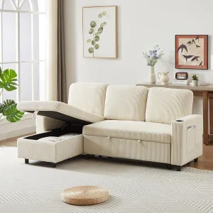 Merax 78.5" Corduroy L-Shaped Convertible Combo Sofa Bed with Reversible Storage Chaise,Pull-Out Sleeper Sofabed with Side Pockets and Cup Holders for Living Room,Office,Apartment(Beige)