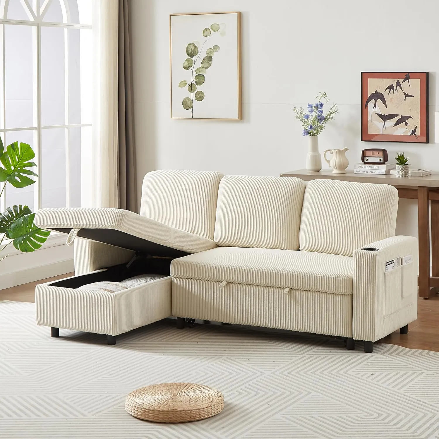 Merax 78.5" Corduroy L-Shaped Convertible Combo Sofa Bed with Reversible Storage Chaise,Pull-Out Sleeper Sofabed with Side Pockets and Cup Holders for Living Room,Office,Apartment(Beige)