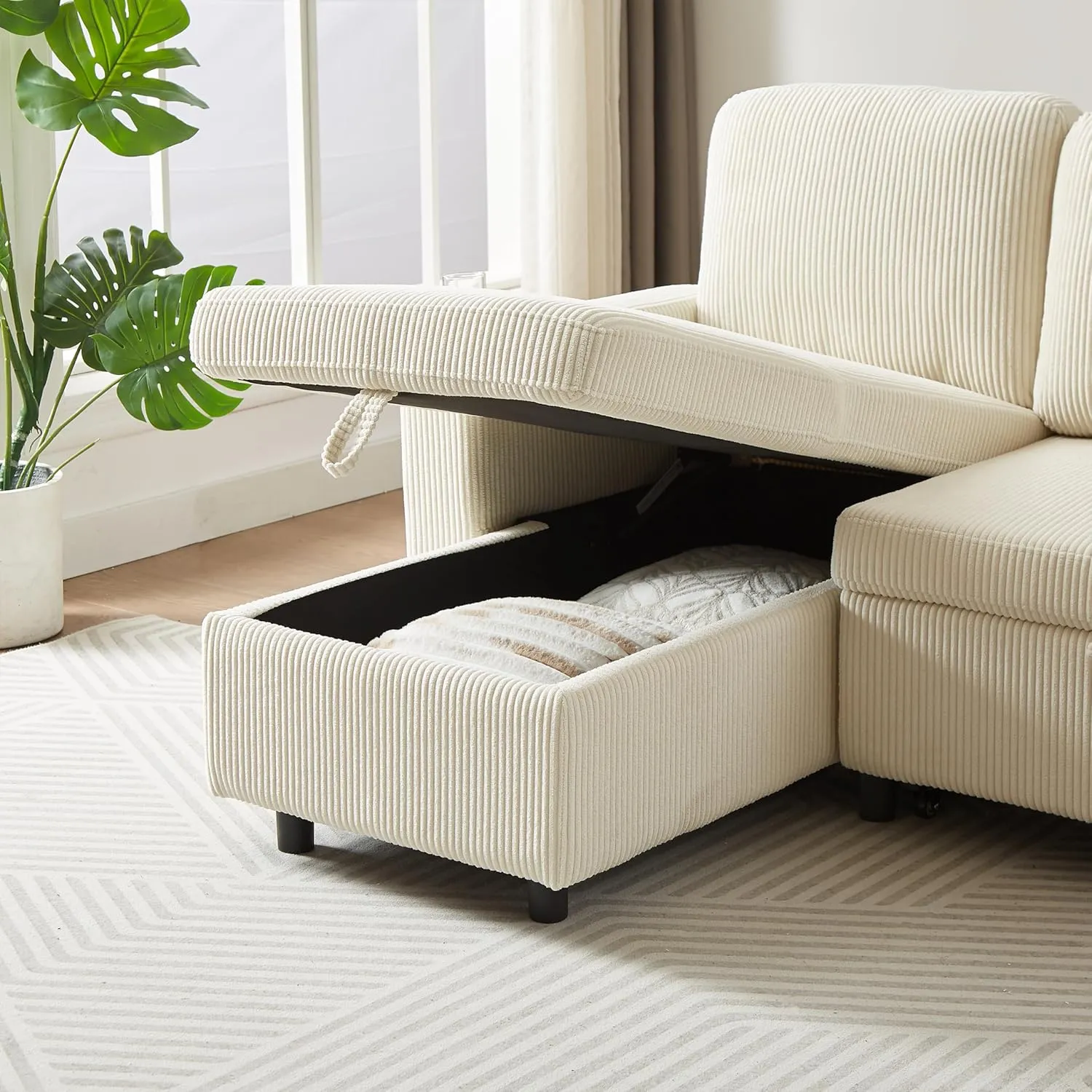 Merax 78.5" Corduroy L-Shaped Convertible Combo Sofa Bed with Reversible Storage Chaise,Pull-Out Sleeper Sofabed with Side Pockets and Cup Holders for Living Room,Office,Apartment(Beige)