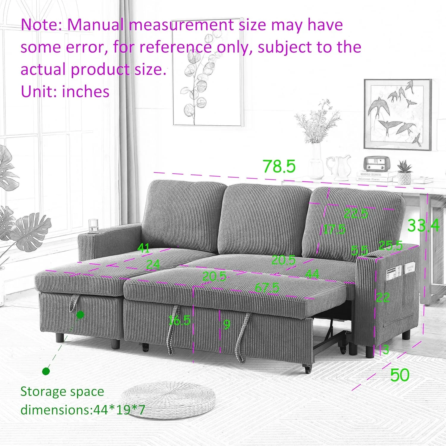 Merax 78.5" Corduroy L-Shaped Convertible Combo Sofa Bed with Reversible Storage Chaise,Pull-Out Sleeper Sofabed with Side Pockets and Cup Holders for Living Room,Office,Apartment(Beige)