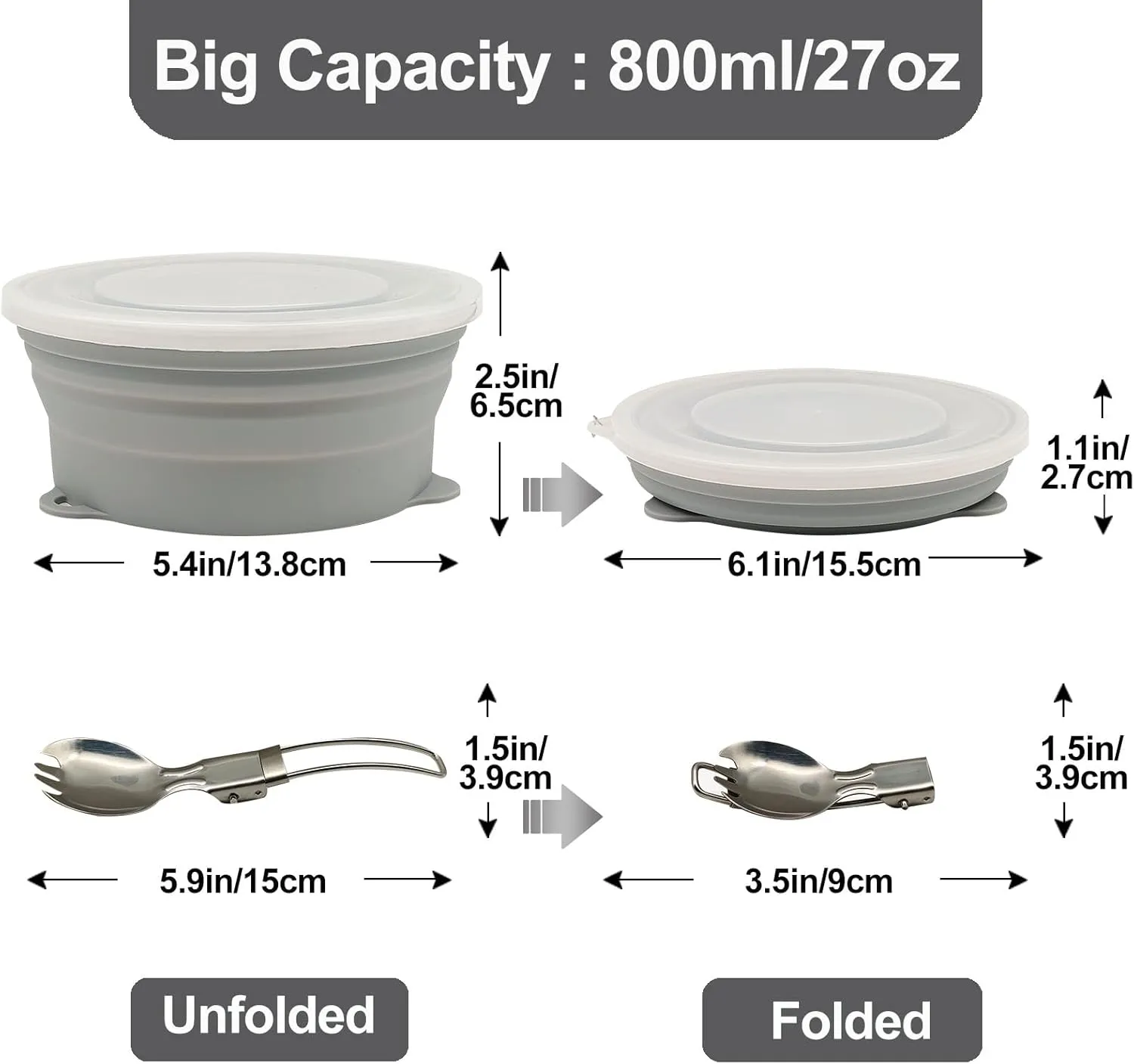 Mess Kit for Camping Silicone Collapsible Bowl and Stainless Steel Spoon for Backpacking Outdoor Hiking Traveling and Picnic