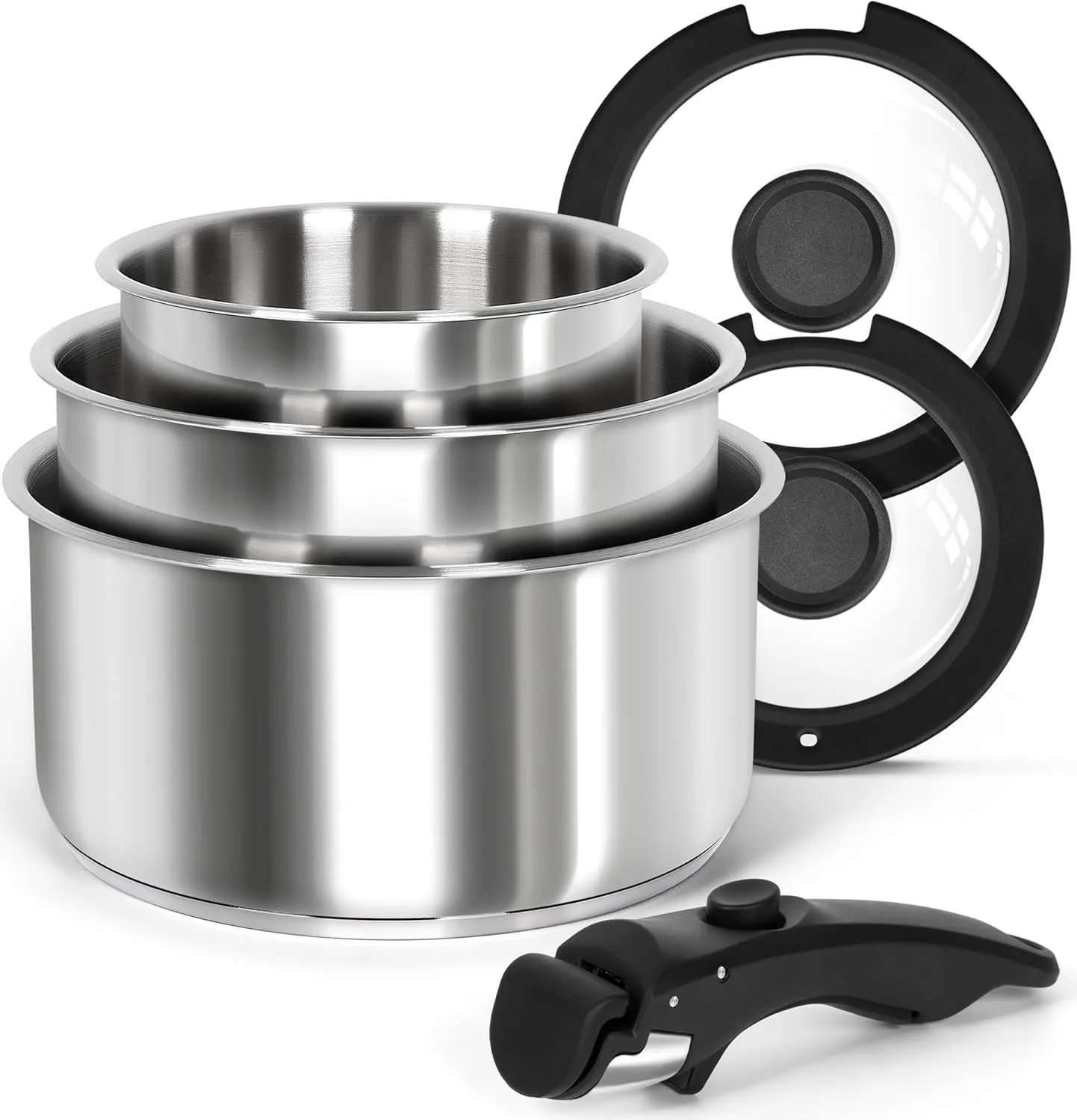 MICHELANGELO Stainless Steel Pot Set with Removable Handle, 6Pcs Stainless Steel Saucepan Set with Lids & Detachable Handle, Triply Base Sauce Pan, Induction Compatible - Black