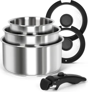 MICHELANGELO Stainless Steel Pot Set with Removable Handle, 6Pcs Stainless Steel Saucepan Set with Lids & Detachable Handle, Triply Base Sauce Pan, Induction Compatible - Black