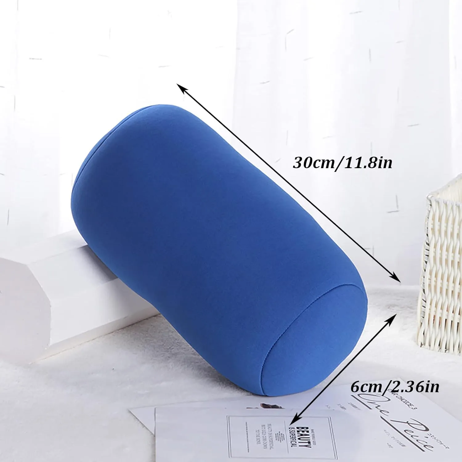 Microbead Bolster Pillow 2 Pcs Cylindrical Bean Bag Throw Pillows for Neck, Back & Arm Support 11.8x6.3 Inch Squishy Travel Pillows for Car, Plane, Recliner & Sleeping (Black   Blue)