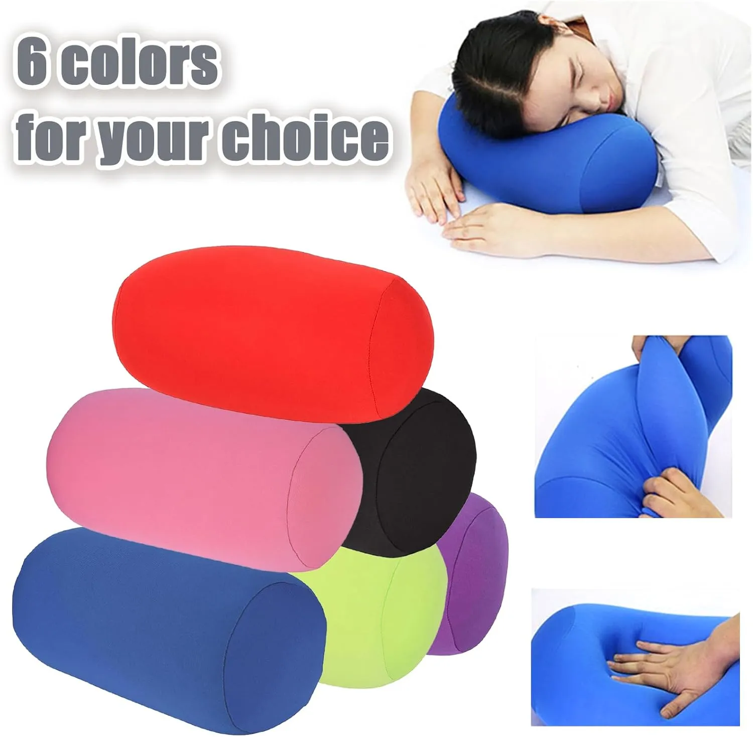 Microbead Bolster Pillow 2 Pcs Cylindrical Bean Bag Throw Pillows for Neck, Back & Arm Support 11.8x6.3 Inch Squishy Travel Pillows for Car, Plane, Recliner & Sleeping (Black   Blue)